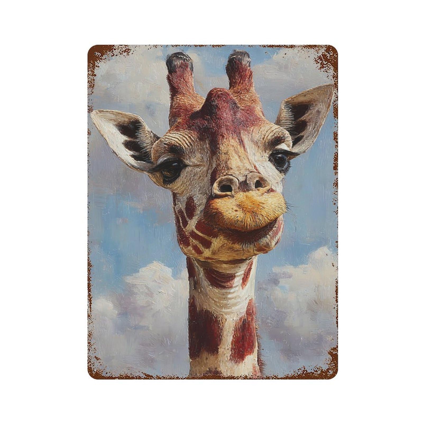 Weathered Tin Sign Giraffe Painting Artwork 15.7"x11.8", Rustic Home Decor for Basement, Hobby Room And Garage Decor