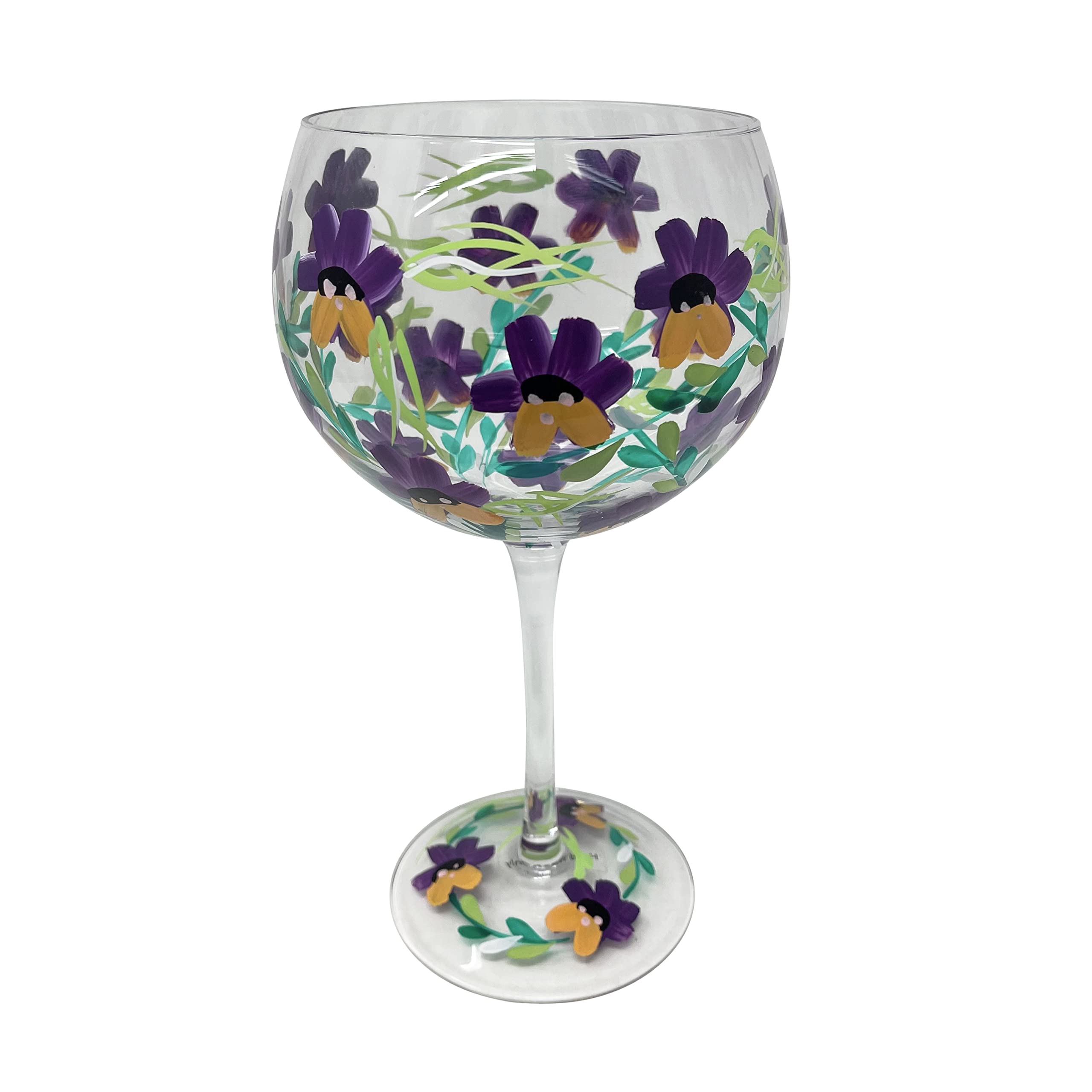 HTUKHand Painted Gin Glass Large Gin Glass Cocktail Balloon Glass Gin Balloon Glass 600ml Beautiful Cocktail Glass in Gift Packaging Assorted Styles (Pansies)