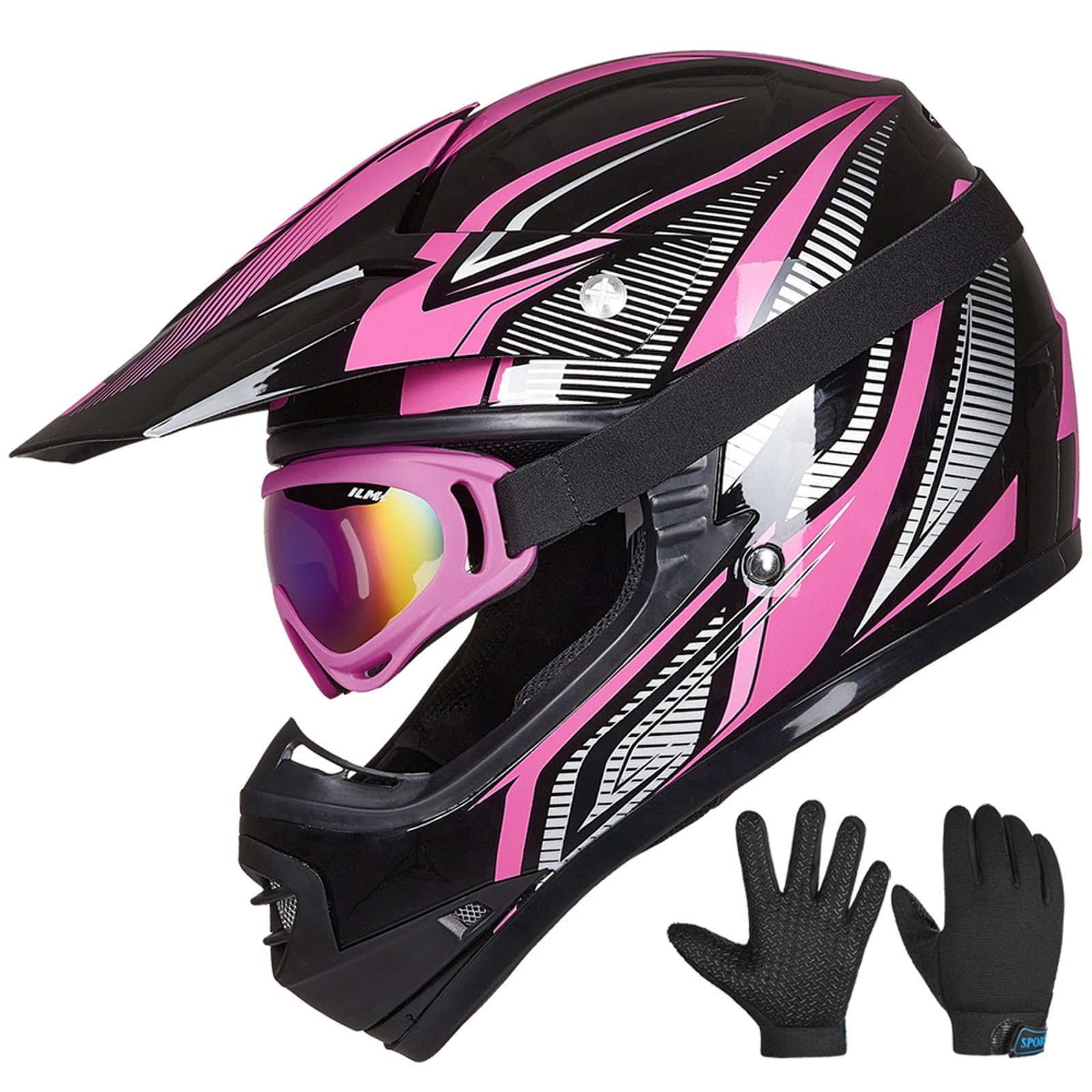 ILM Dziecięcy Kask Motokrosowy Dirt Bike dla Chłopców i Dziewcząt dla Młodzieży Unisex Homologowany ECE22.06 Full Face Off Road Rower Górski ATV Enduro MTB z Okularami i Rękawiczkami Model B07, Czarny