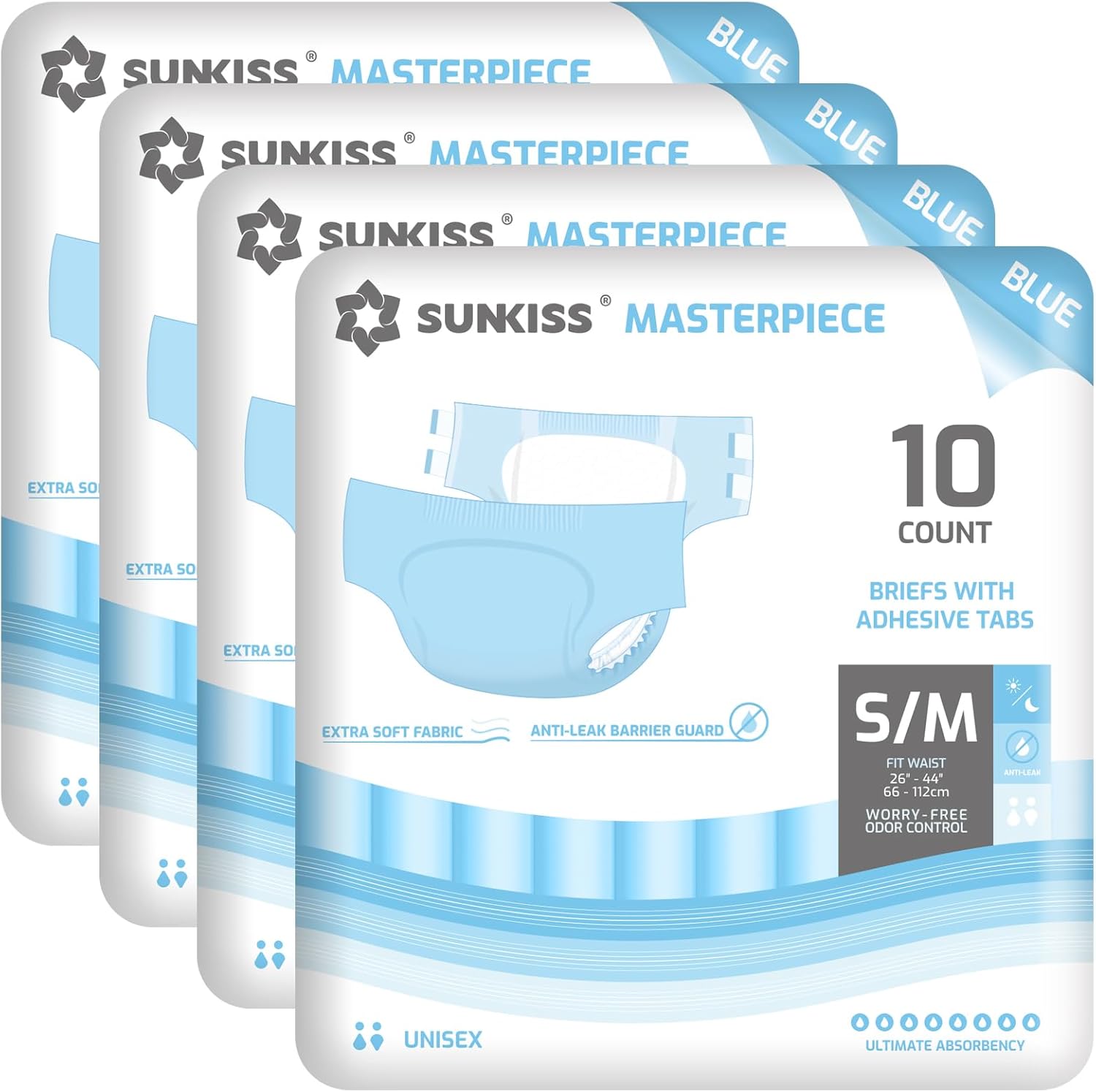 SUNKISS Masterpiece Adult Diapers with Tabs, Unisex Disposable Incontinence Briefs for Women and Men, Odor Control, Blue, S/M, 40 Count (4 Packs of 10)