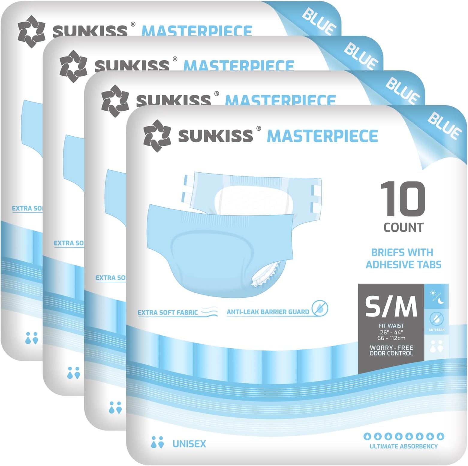 SUNKISS Masterpiece Adult Diapers with Tabs, Unisex Disposable Incontinence Briefs for Women and Men, Odor Control, Blue, S/M, 40 Count