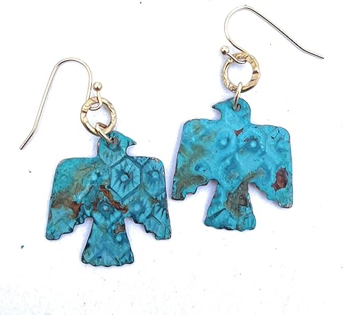 Boho Turquoise Rust Patina Thunderbird Earrings Copper Jewelry Gift Ideas for Women