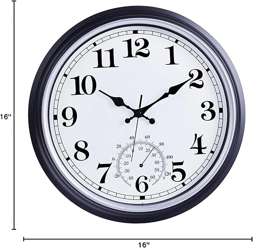 Miniatura 8 de QWARVEL Reloj grande de 16 pulgadas para exteriores, reloj retro impermeable para interiores y exteriores, reloj sin tictac con termómetro, reloj de