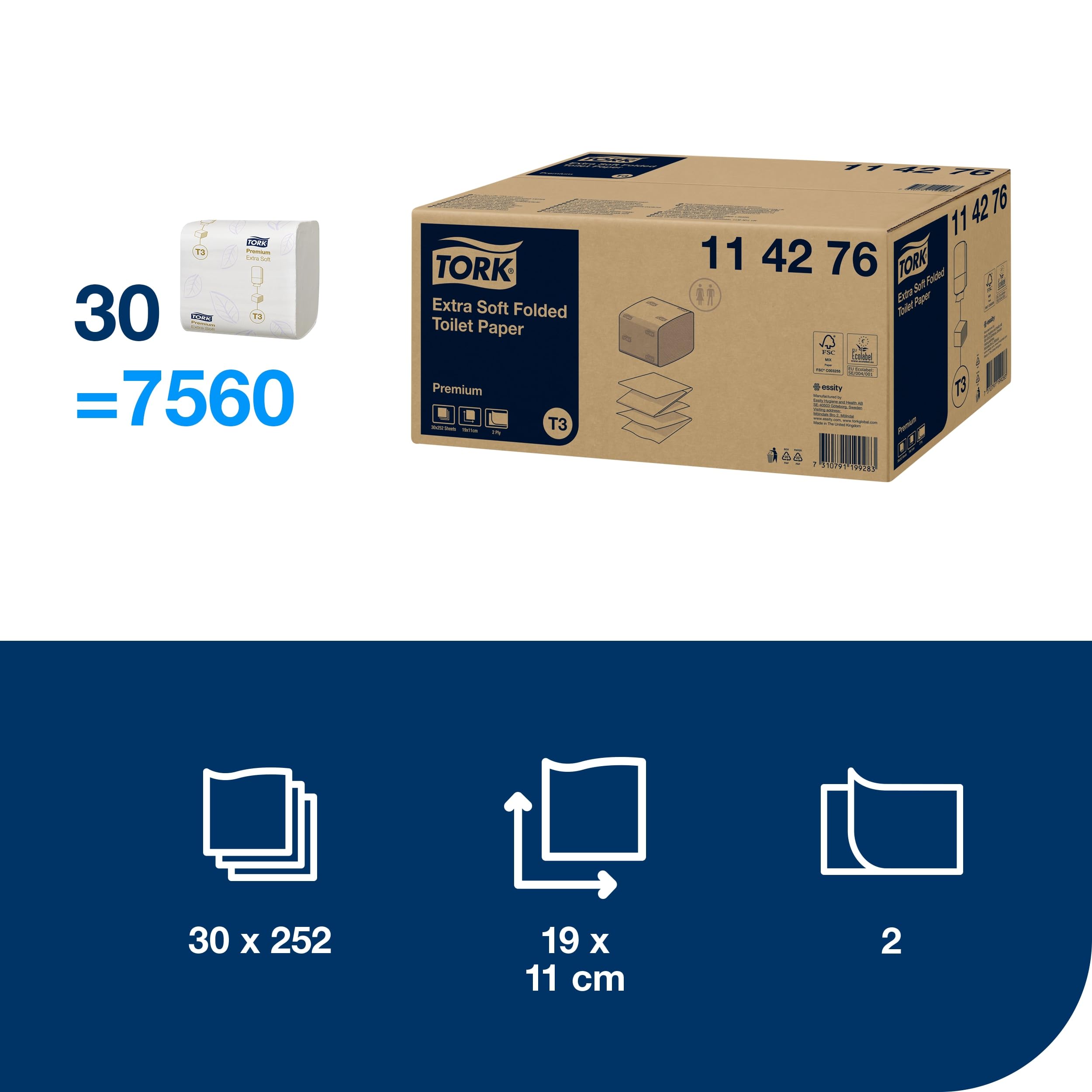Tork 114276 Papel higiénico extra suave plegado de 2 capas compatible con el sistema higiénico T3, 30 recambios x 252 hojas (total 7560 hojas)