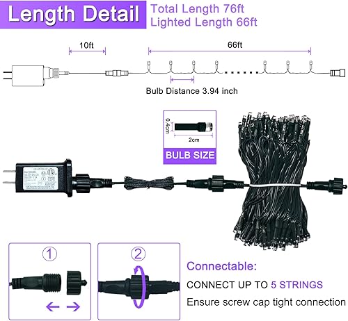 Miniatura 7 de JMEXSUSS - 200 luces LED multicolor de Navidad al aire libre, impermeables, expandibles de 66 pies, alambre verde, 8 modos de luces centelleantes