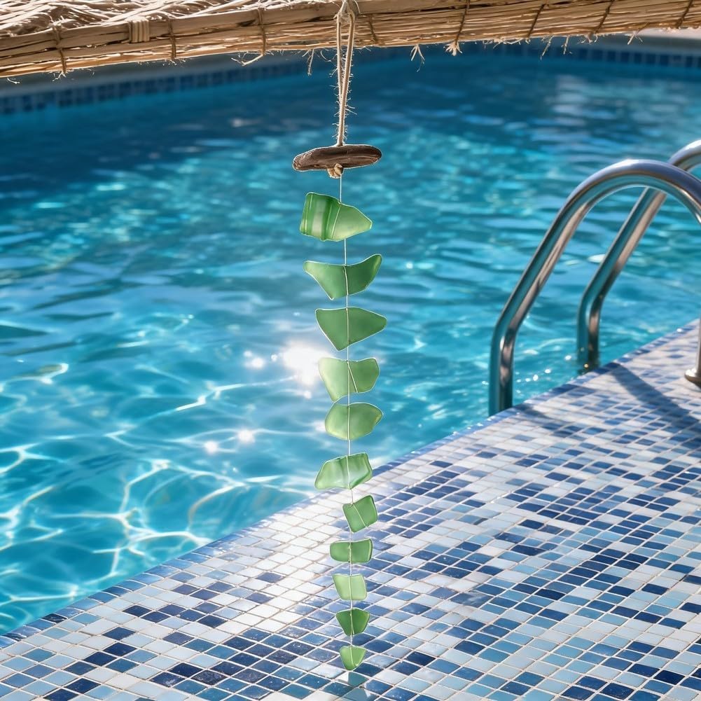 Carillón de viento de cristal de mar hecho a mano con cristal de mar de madera flotante, decoración bohemia de madera flotante, sonido melódico suave, adorno colgante con temática de playa
