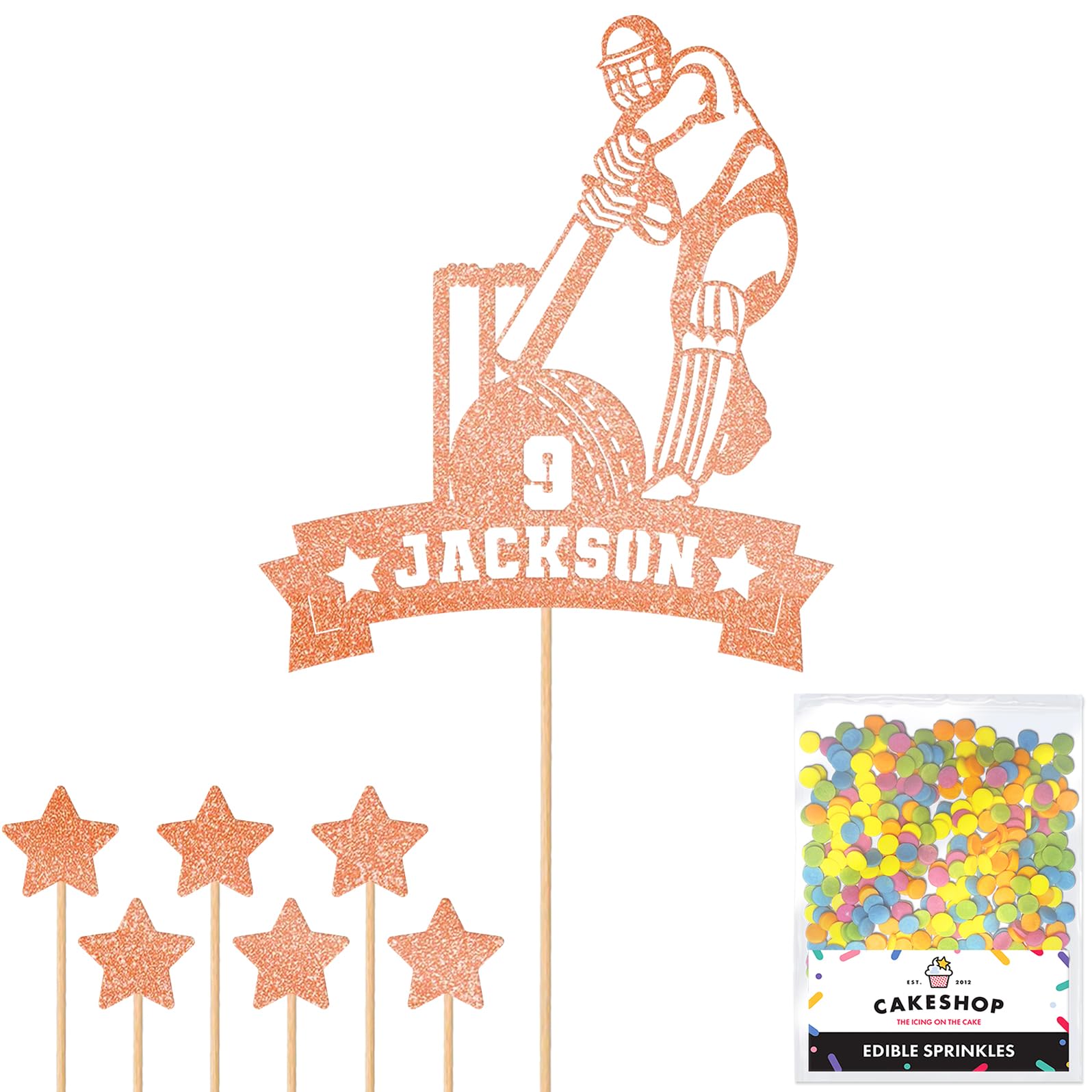 Personalised Cricket Wicket and Bat Glitter Cake Topper Rose Gold Any Custom Age & Name Glitter Cake Decoration and Sprinkles - Happy Birthday Decorations - Personalised Toppers for Cakes by Cakeshop