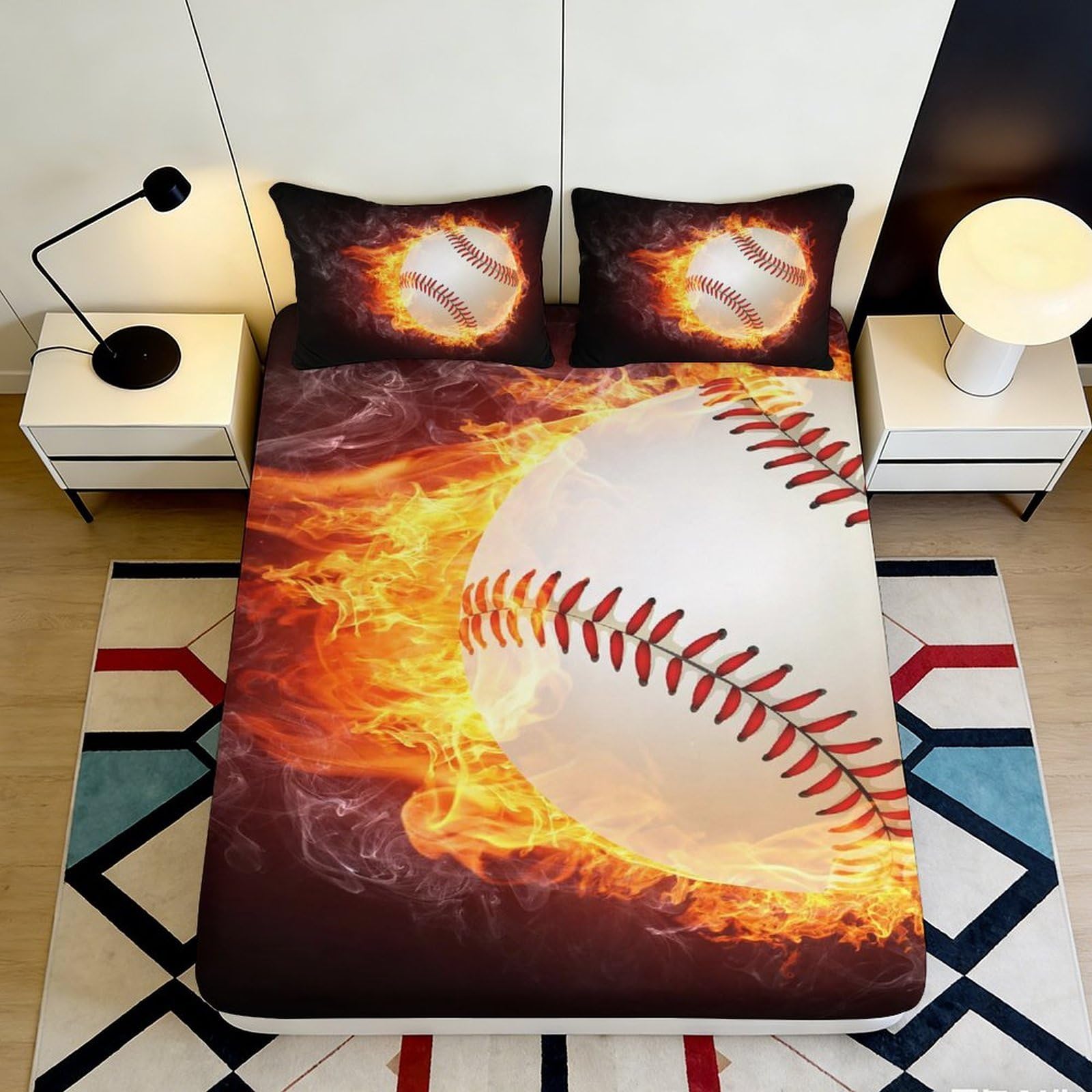 3D Printed Flaming Baseball Fitted Sheet Microfiber Soft Breathable Fireball Bed Cover for Bedroom Guest Room Decor 90x200x25cm