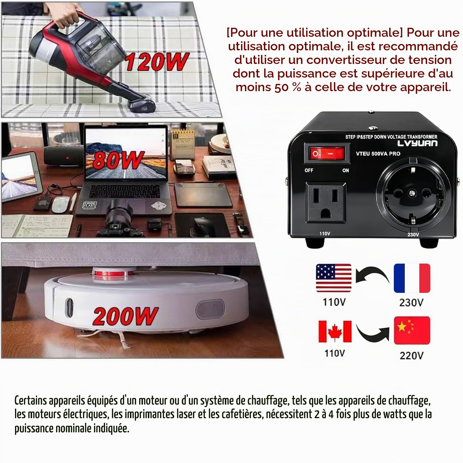 Cantonape Transformateur avec noyau toroïdal, stabilisateur de tension automatique, CA 110V 220V 500W