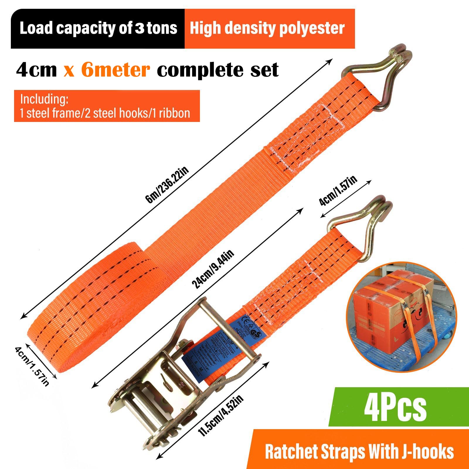 Baketron Spanngurte mit Ratsche und Haken - 6m 3000kg 40mm - 8 Stück - Ratschen Set - Ratschengurt 2-Teilig - Spanngurt Orange - Zurrgurte für Ladungssicherung - TÜV/GS Geprüft