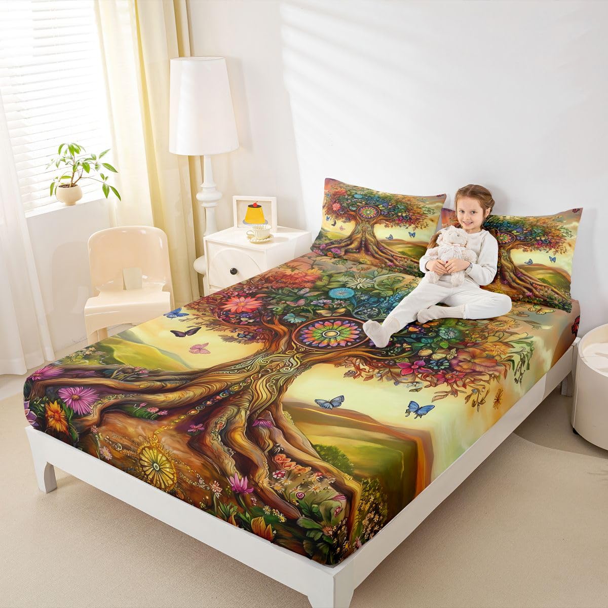 Homewish Kolorowe drzewo wzór podwójne płaskie prześcieradło z gumką boho natura botaniczny styl prześcieradła głęboka kieszeń 16 cali (40 cm), kwiatowy zestaw pościeli botanicznych zachód słońca