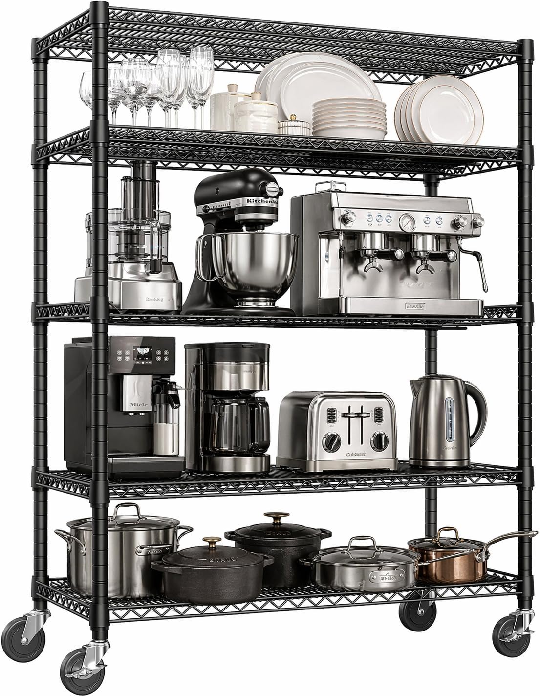 Heavy Duty 5-Tier Steel Wire Shelving Unit with Wheels, 1750 lbs Total Capacity, Adjustable Metal Storage Rack for Garage Warehouse Industrial Use, Black, 47.25" W x 17.75" D x 77" H