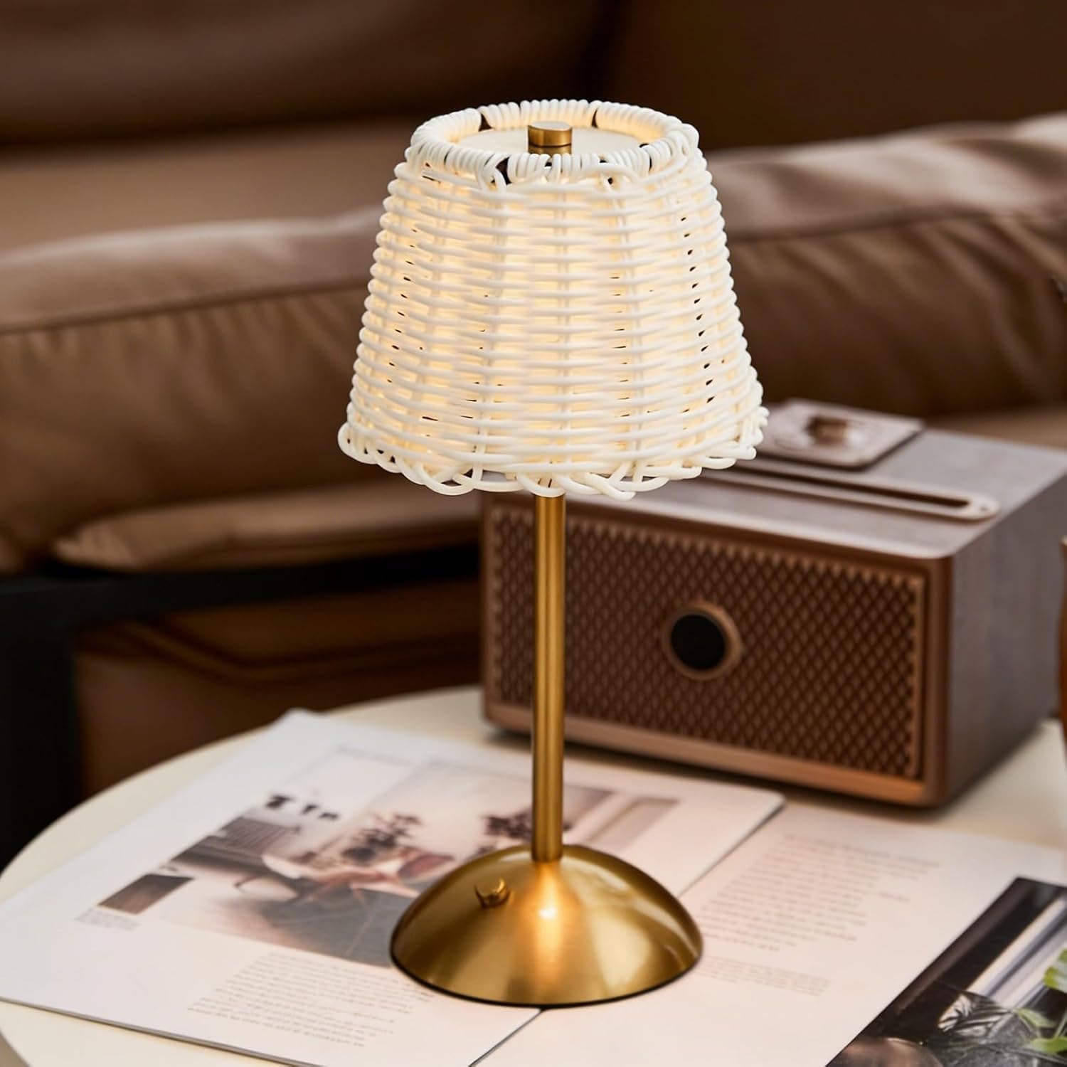 Cordless Rattan Table Lamp, 12 Inch Bedside Lamp LED Rechargeable Wicker Woven Lamps Battery Operated Boho Bedside Lamps with 3 Colors Dimmable for Bedroom Living Room Office Home Decor (Brown)