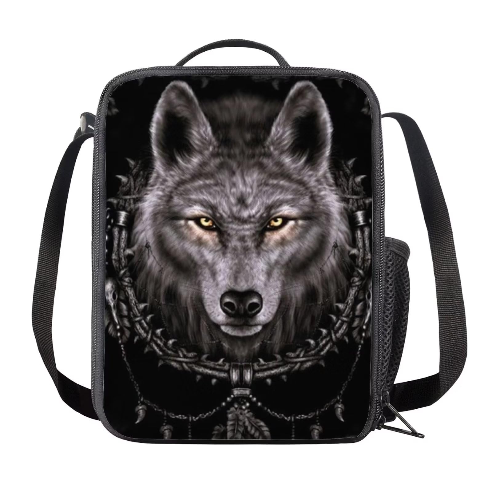 NETILGEN Primary Highschool Kids Lunch Bag Simple Adult Mini Lunch Box with Mesh Pocket and Adjustable Strap for Teen Girls Women, Black Wolf โ image 1