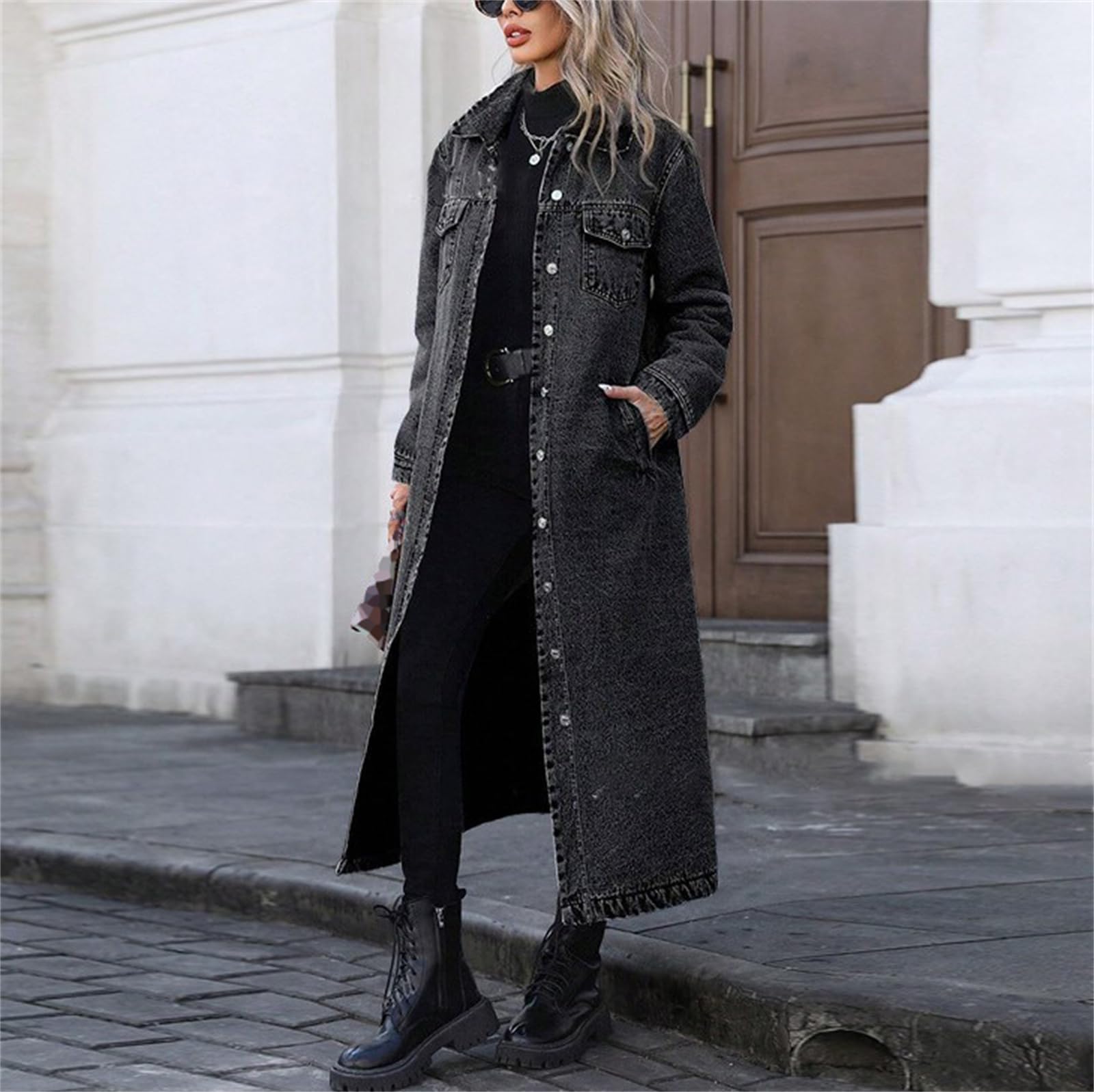 Trench Dżinsowy Długi Damski Klapa Guziki Kurtka Denim Luźna Oversize, Kolor: czarny, 5XL | Wiatroodporny dżins z praktycznymi kieszeniami bocznymi. Łatwe dopasowanie do innych ubrań. Com, idealny do pracy