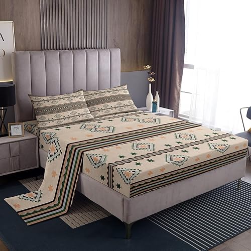 Juego de sábanas del oeste, tamaño matrimonial, sábanas del suroeste para niños y niñas, decoración de vaquero, sábanas aztecas, marrón, verde,