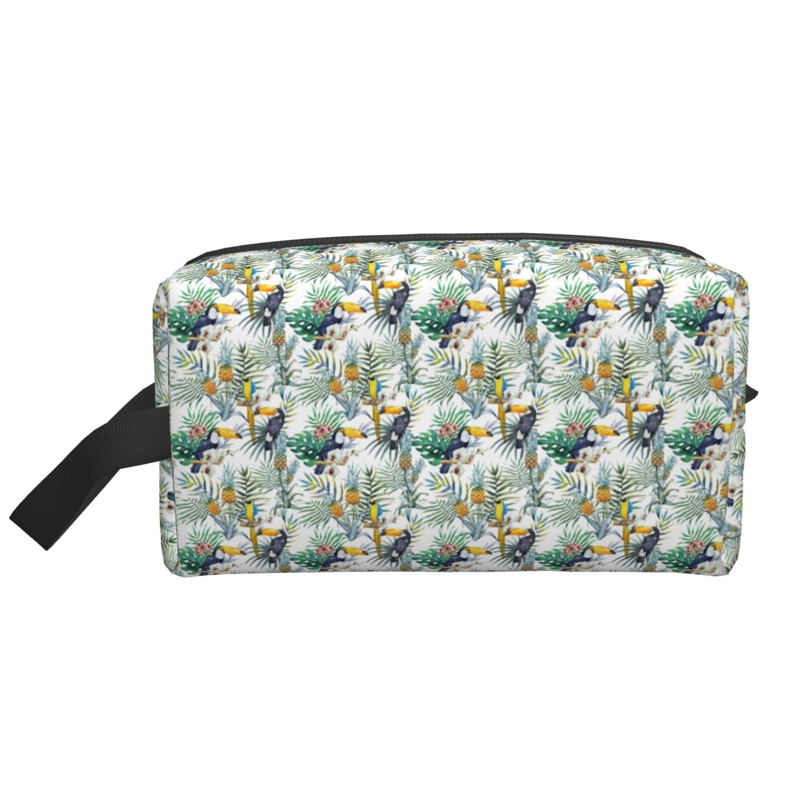 Ercgad Unisex White Tropical Leaves Bird Print Large Capacity Travel Toiletry Bag Cosmetic Pouch Daily Storage Makeup Case