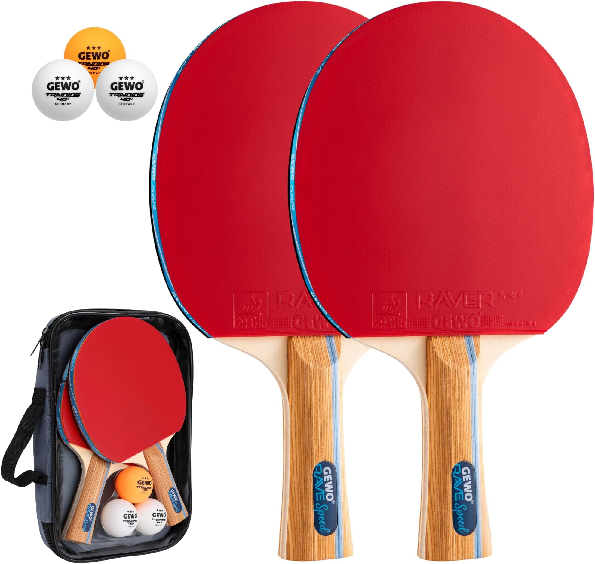 GEWO Rave Speed Table Tennis Bat Set - Controlled Beginner Table Tennis Bat with 3 Balls - Complete Bat with ITTF Coating, High Control and Speed, Concave, 2 mm Thick Sponge