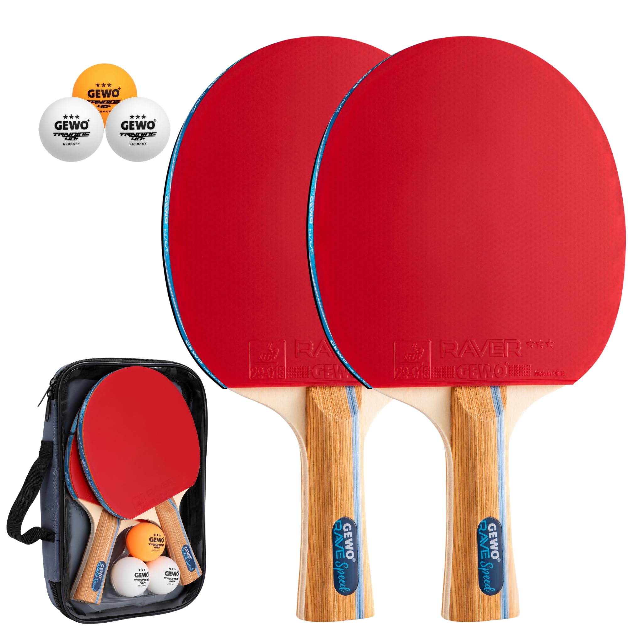 GEWO Rave Speed Table Tennis Bat Set - Controlled Beginner Table Tennis Bat with 3 Balls - Complete Bat with ITTF Coating, High Control and Speed, Concave, 2 mm Thick Sponge