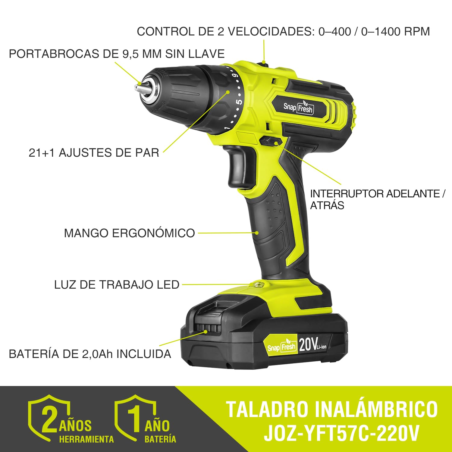 SnapFresh Taladro Atornillador a Batería 20V, 35Nm, 21+1 Par, 2 Velocidades, Taladro Eléctrico sin Cable con LED, 43 Accesorios, Batería 2.0Ah y Cargador Rápido, Ligero para Hogar y Bricolaje