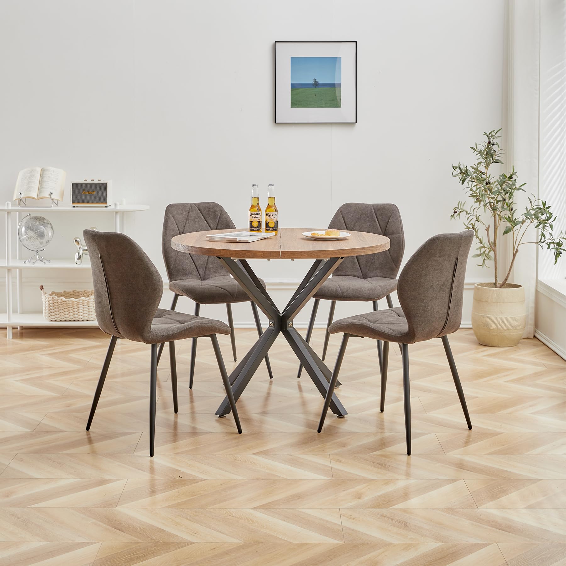 Set Sala da Pranzo, Tavolo da Pranzo Rotondo da 100 cm con 4 Sedie da Pranzo in Tessuto di Lino， Ideale per Cucina, Soggiorno, Sala da Pranzo (Legno Scuro+LX-Nero)