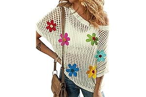 Womens Summer Crochet Tops Scoop Neck Short Sleeve Pullover Sweater Hollow Out...