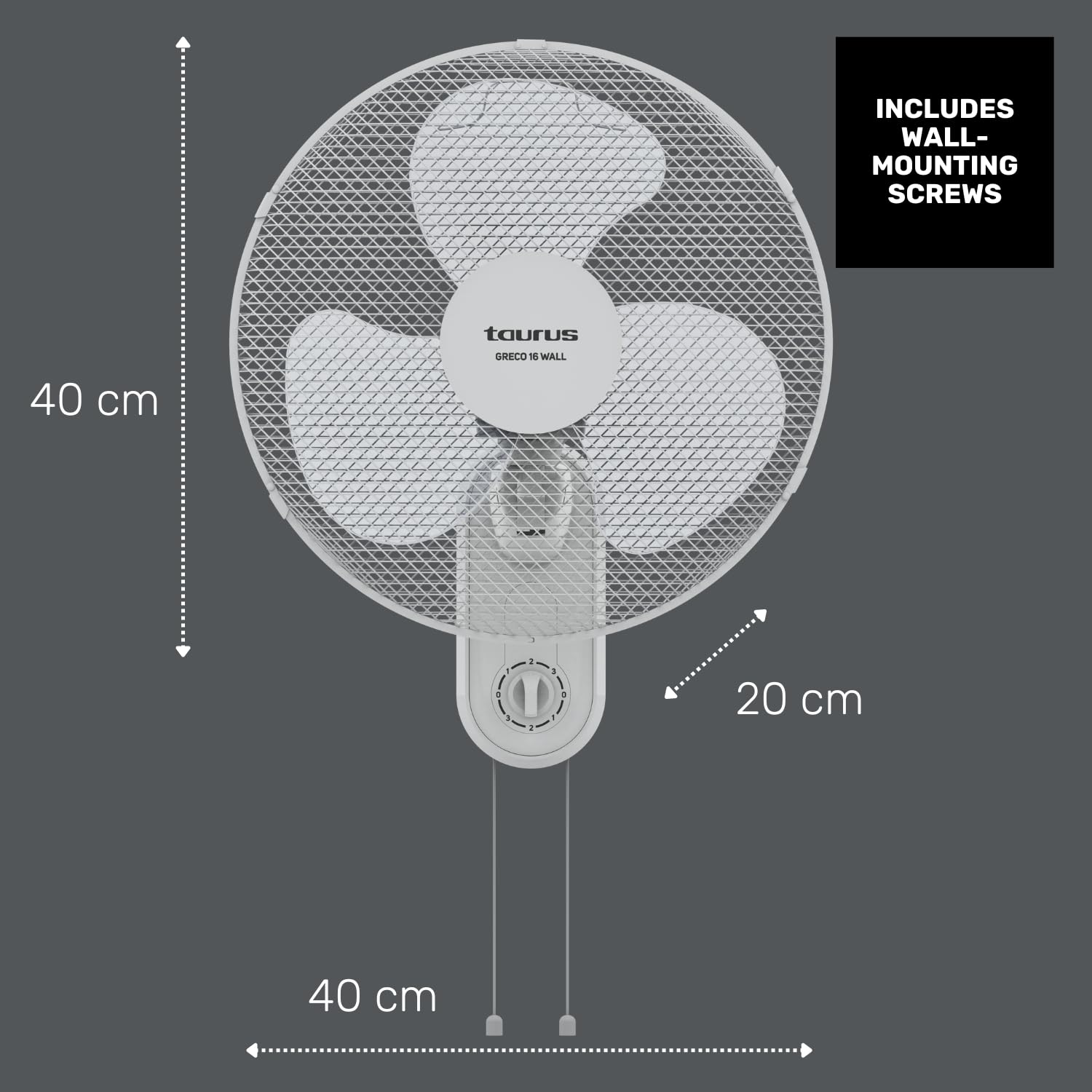 Taurus Greco Wall Ventilateur mural, silencieux, 3 vitesses, variateur de vitesse, oscillant, interrupteur à tirette, grille amovible 45 W, 3 pales