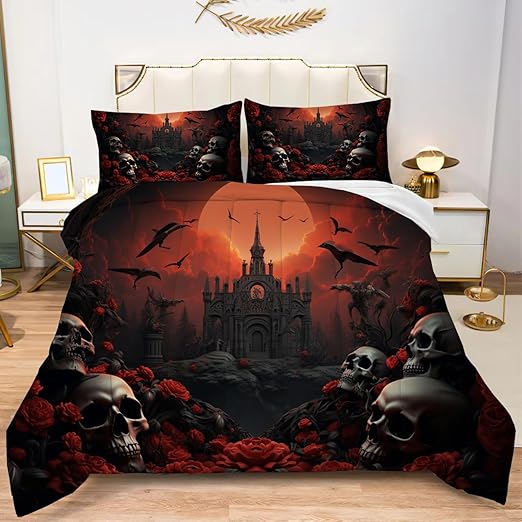 Red Roses Flowers Skull Pattern Comforter Set Gothic Castle