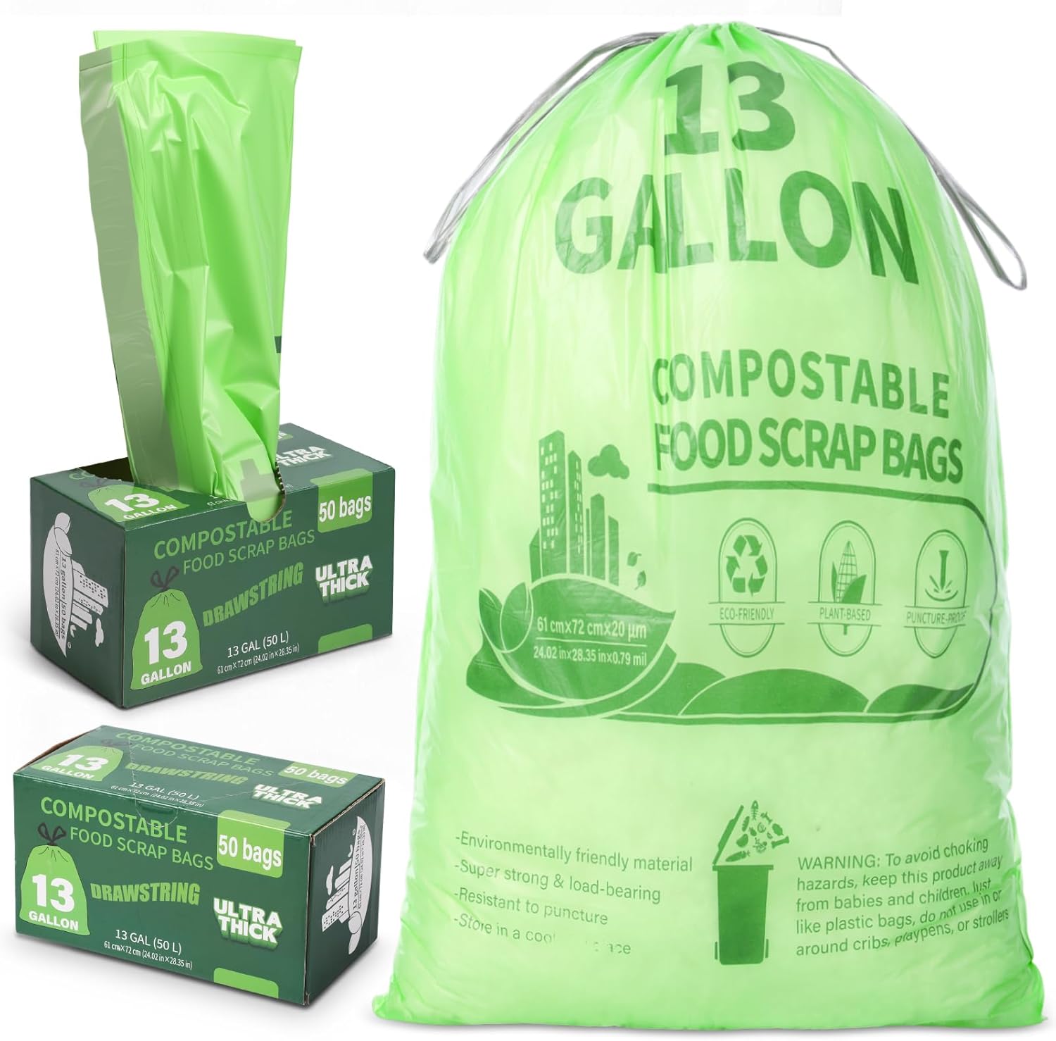 Amyhill 100 Count Compostable Kitchen Trash Bags 13 Gallon Compostable Drawstring Kitchen Waste Garbage Bags 49.2 Liter, 1.575 Mil for Bathroom Home Bedroom Office Garbage