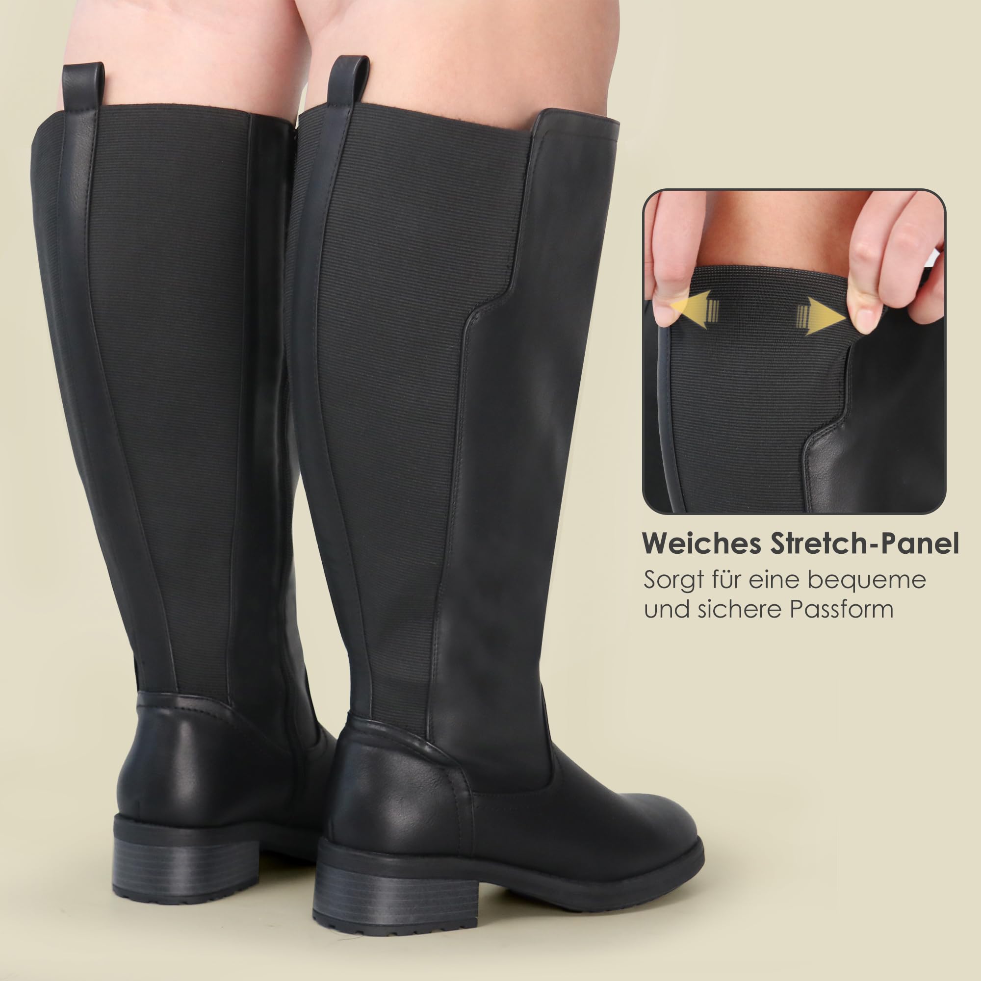 Bottes hautes pour femmes à mollet large, avec fermeture éclair latérale et empiècement extensible