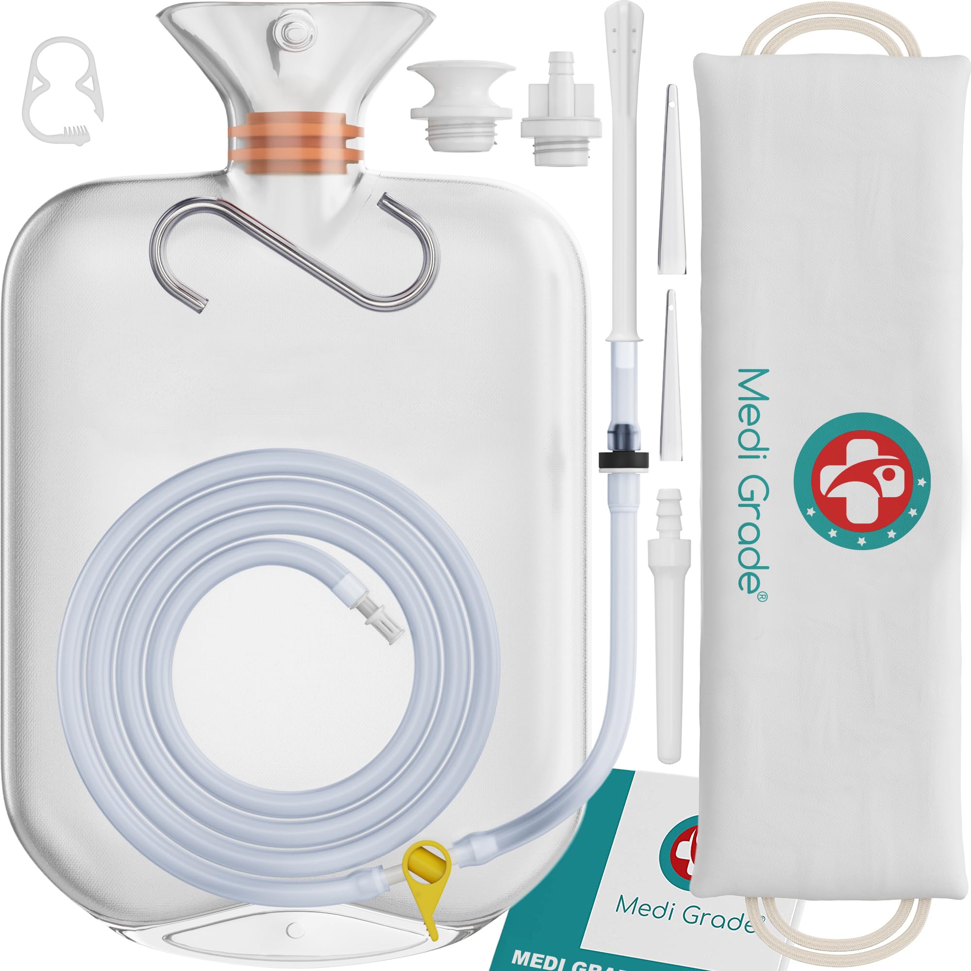 Medi Grade Enema Kit for Adults, 0.53 Gal Capacity - Transparent, Hands-Free with One-Way Valve, 4 Tips and Enema Bag - Enemas for Colon Cleanse for