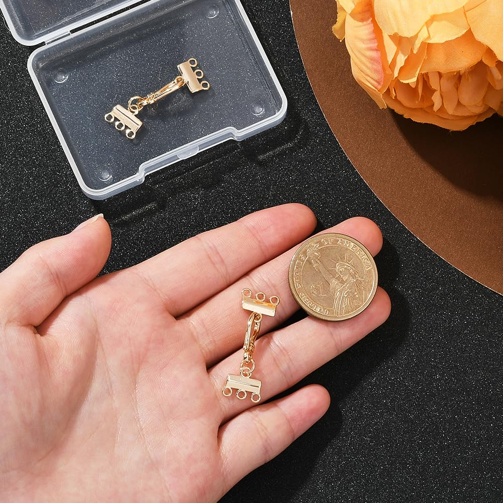 Fermoir Plaqué Or 18 Carats Pour Colliers Superposés - Connecteur 3 Brins, Laiton, Système Coulissant - 7