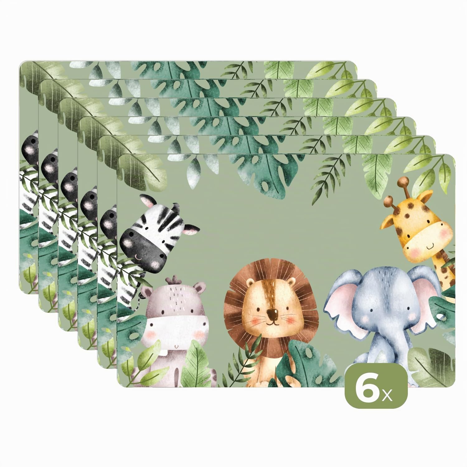 KitchenYeah© Set Tovagliette Americane Lavabili 6 Pezzi 45x30 cm Tovaglietta Plastica Rettangolare Antiscivolo per Cucina o Sala da Pranzo Animali - Acquerello - Bambino - Natura