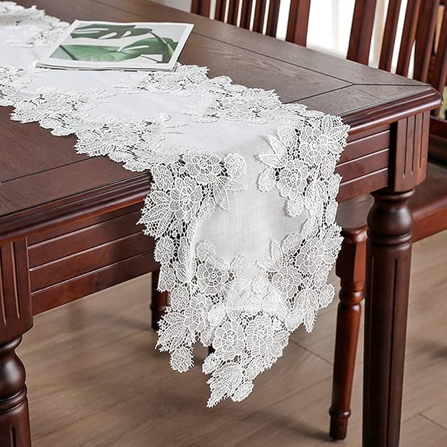 NA White Lace Table Runner Polyester Table Runner Embroidery Small Table Runner for Home Wedding Party Wedding Festival Decoration(90 * 35cm)