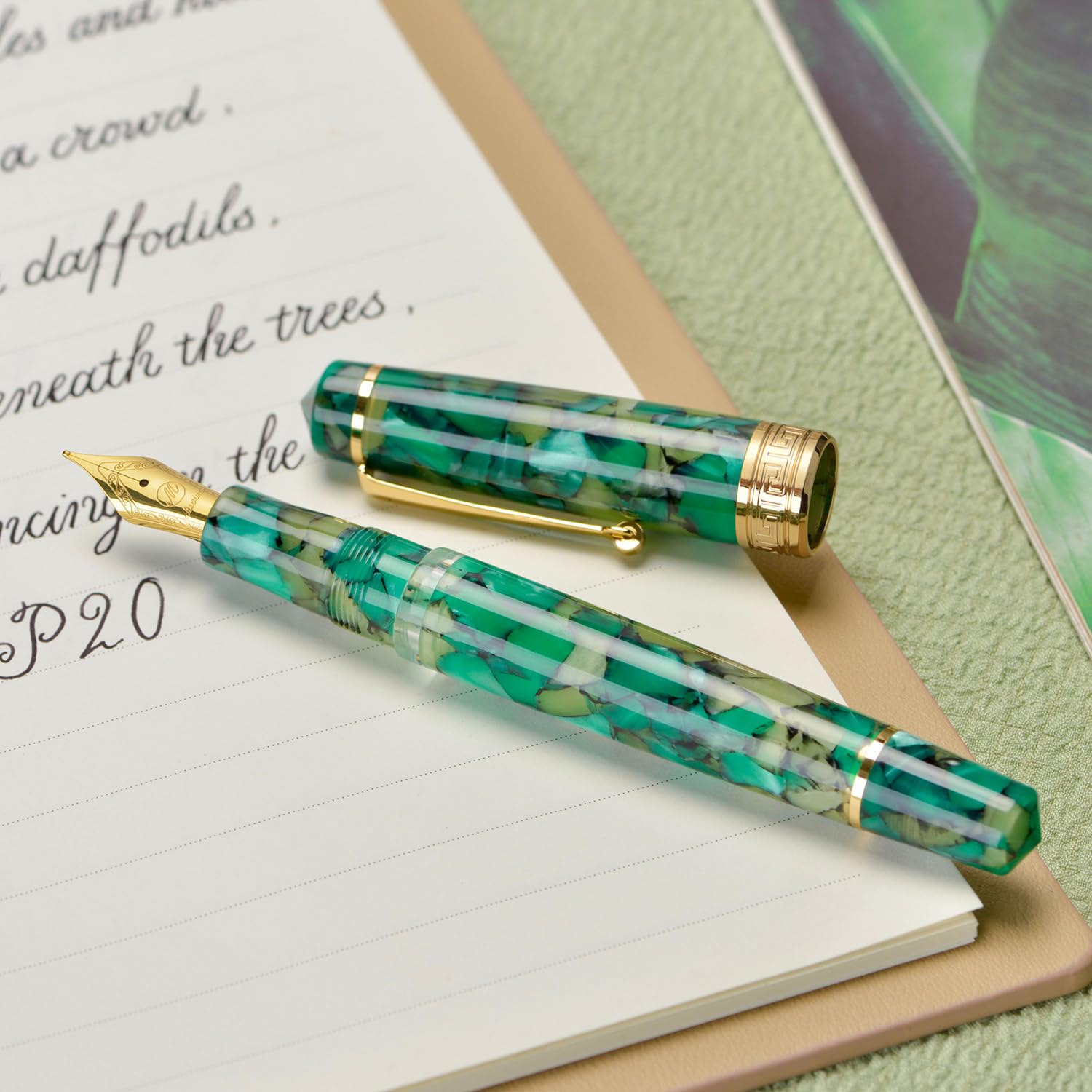 Asvine P20 Piston Pluma estilográfica de punta extrafina, mármol verde, acrílico y borde dorado, colección de escritores suaves con juego de estuche