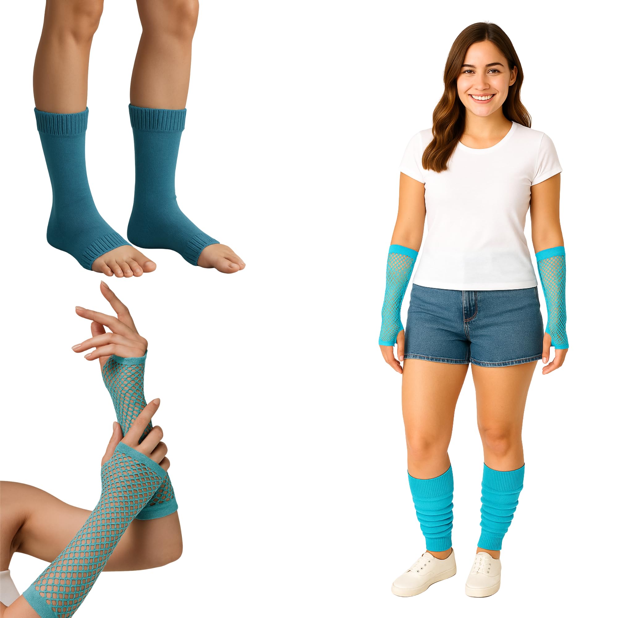 Fna Fashions Women's Turquoise Neon Long Fishnet Gloves And Leg Warmers Fancy Hen Night 80’S Party Novelty Dress (, One Size)