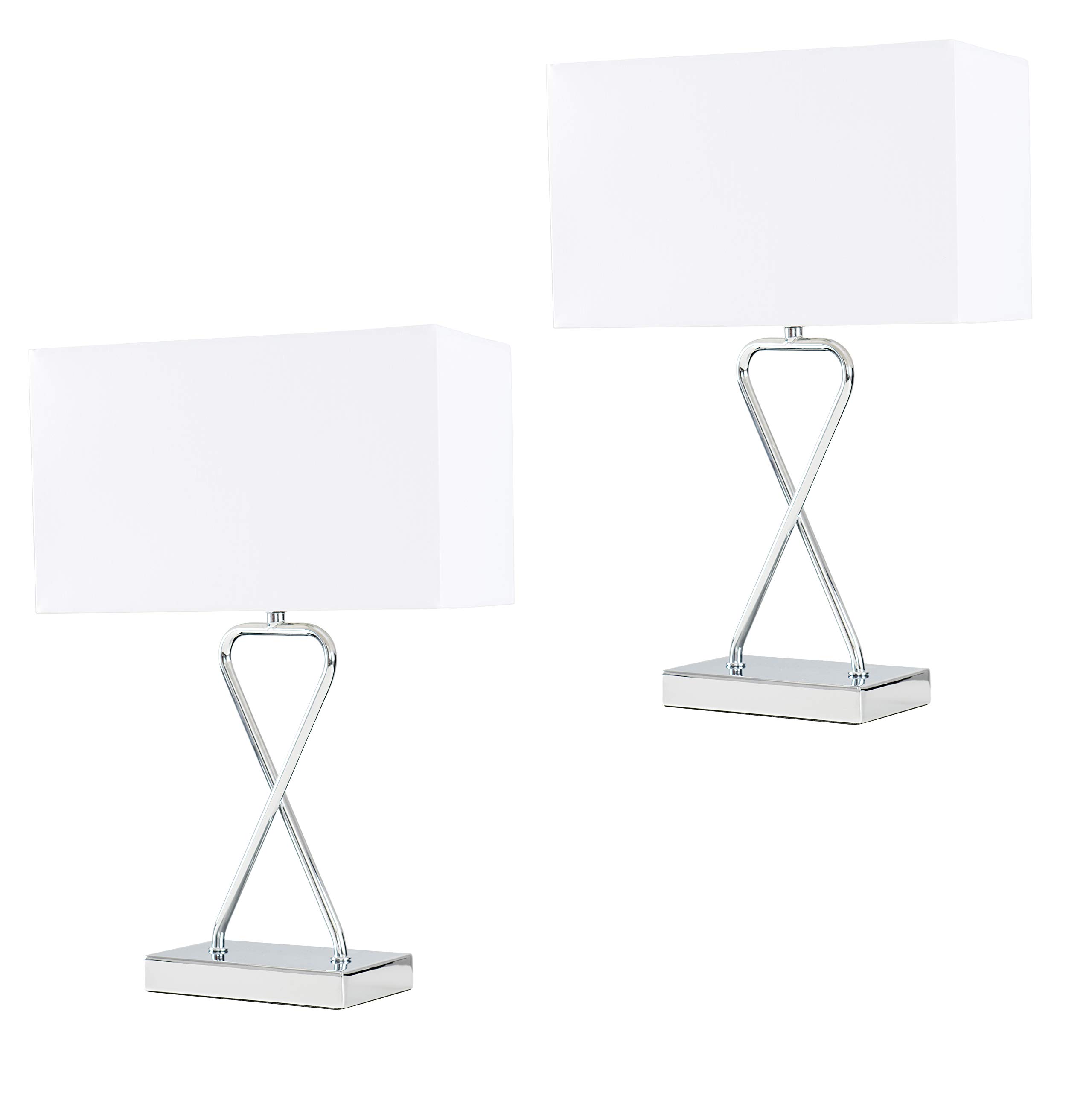 MiniSun | Pair of Contemporary Polished Chrome Table Lamps with a White Rectangular Shade | Table Lamps & Home Improvements Essential