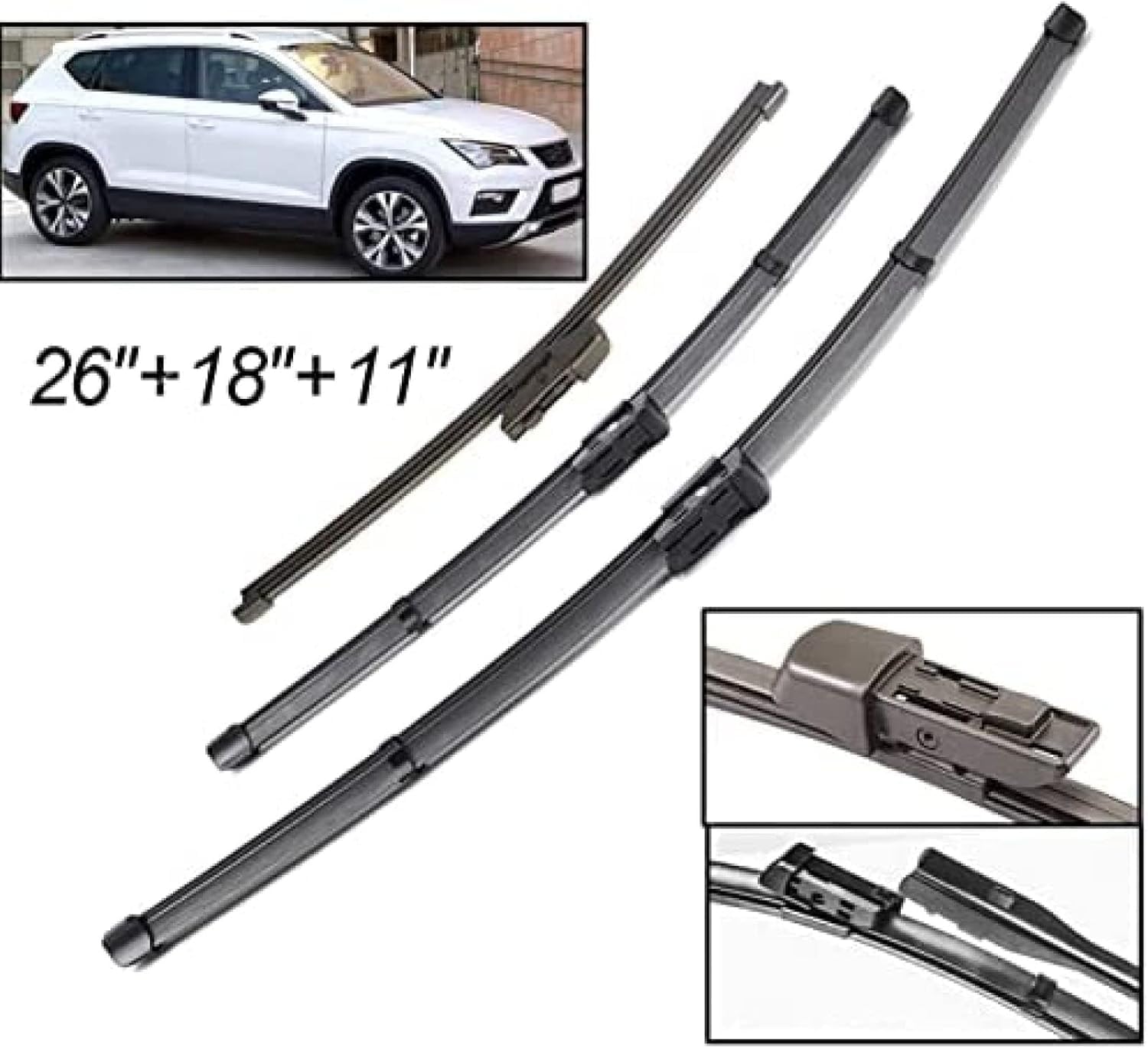 Tergicristallo per Seat Ateca 2016-2020, Set di spazzole tergicristallo anteriore e posteriore, Parabrezza 26" 18" 11", 2 pezzi