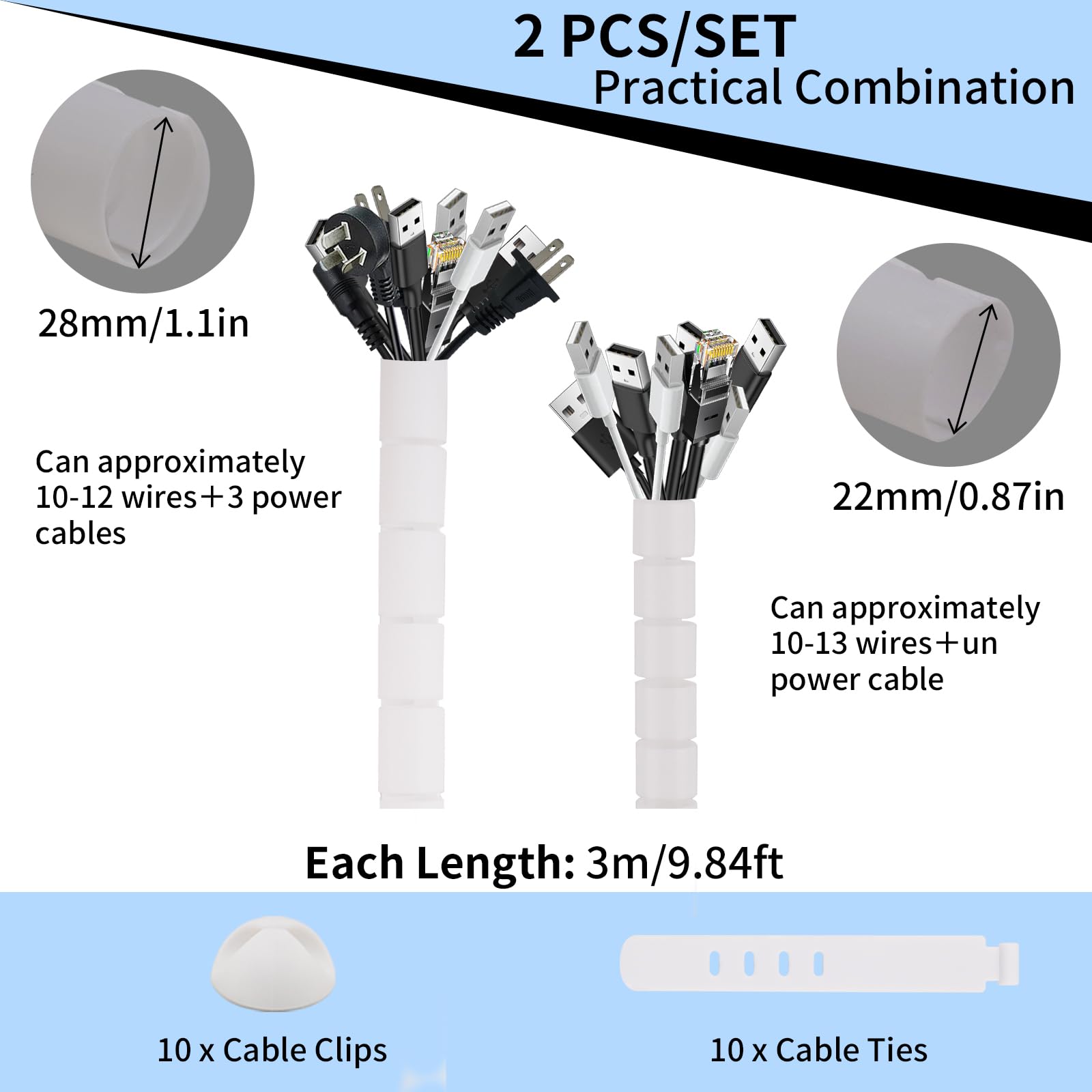 2 * 3 M Avvolgicavo a spirale, Flessibile Raccogli Cavi, Raccoglicavi Spiralato, Guaina Cavi di Diametro di 22mm / 28mm, Copricavo Spirale,con Guidafilo,per Mettere in Ordine Cavo PC,TV,Bianco