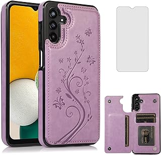 Asuwish Phone Case for Samsung Galaxy A13 5G with Tempered Glass Screen Protector Card Holder Wallet Cover Stand Flip Leather Cell Accessories Glaxay A 13 Gaxaly 13A Cases Women Girls Purple