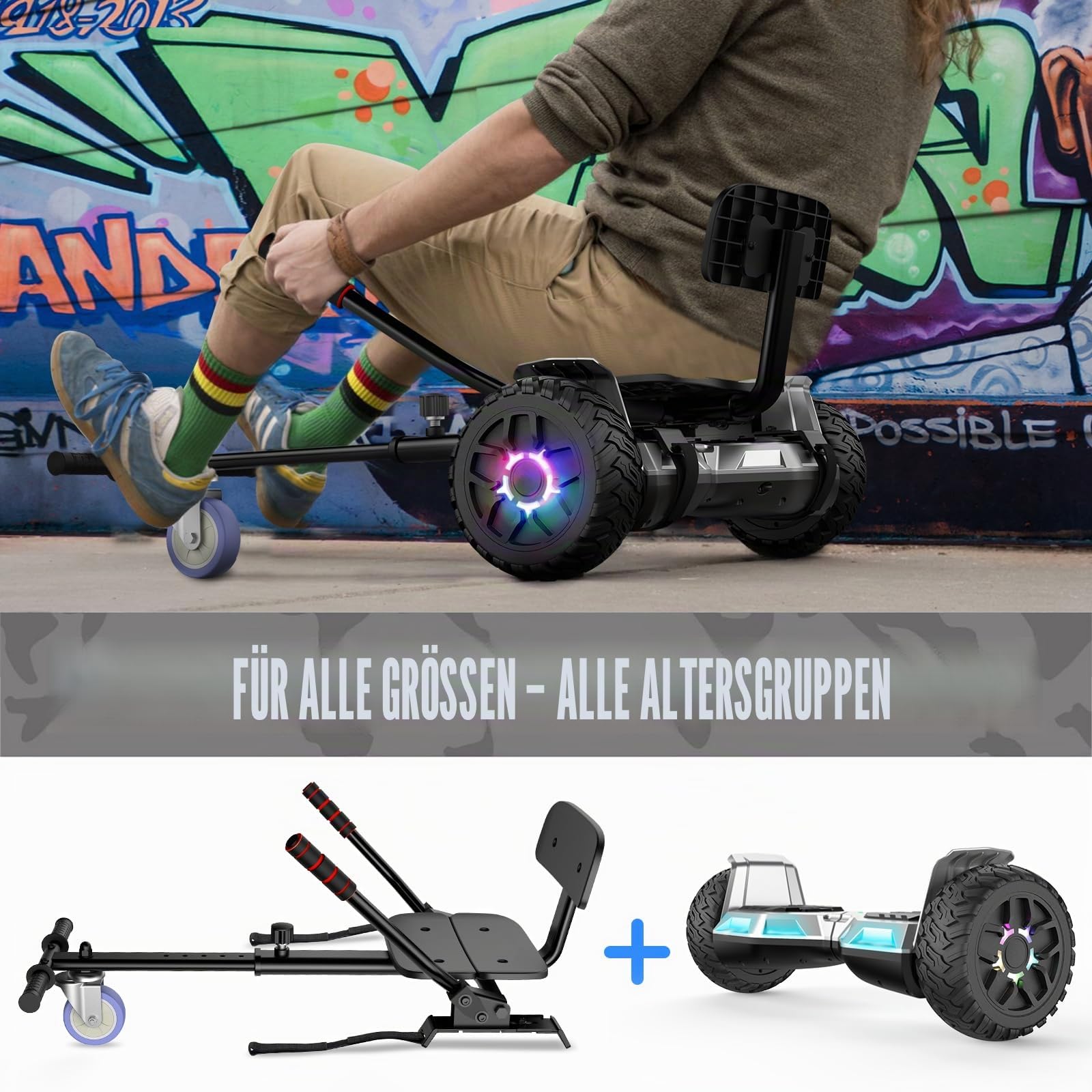 SISIGAD All Terrain Hoverboard 21,6 cm (8,5 Zoll), Hoverboards mit Go-Kart, Bluetooth, für Kinder und Erwachsene