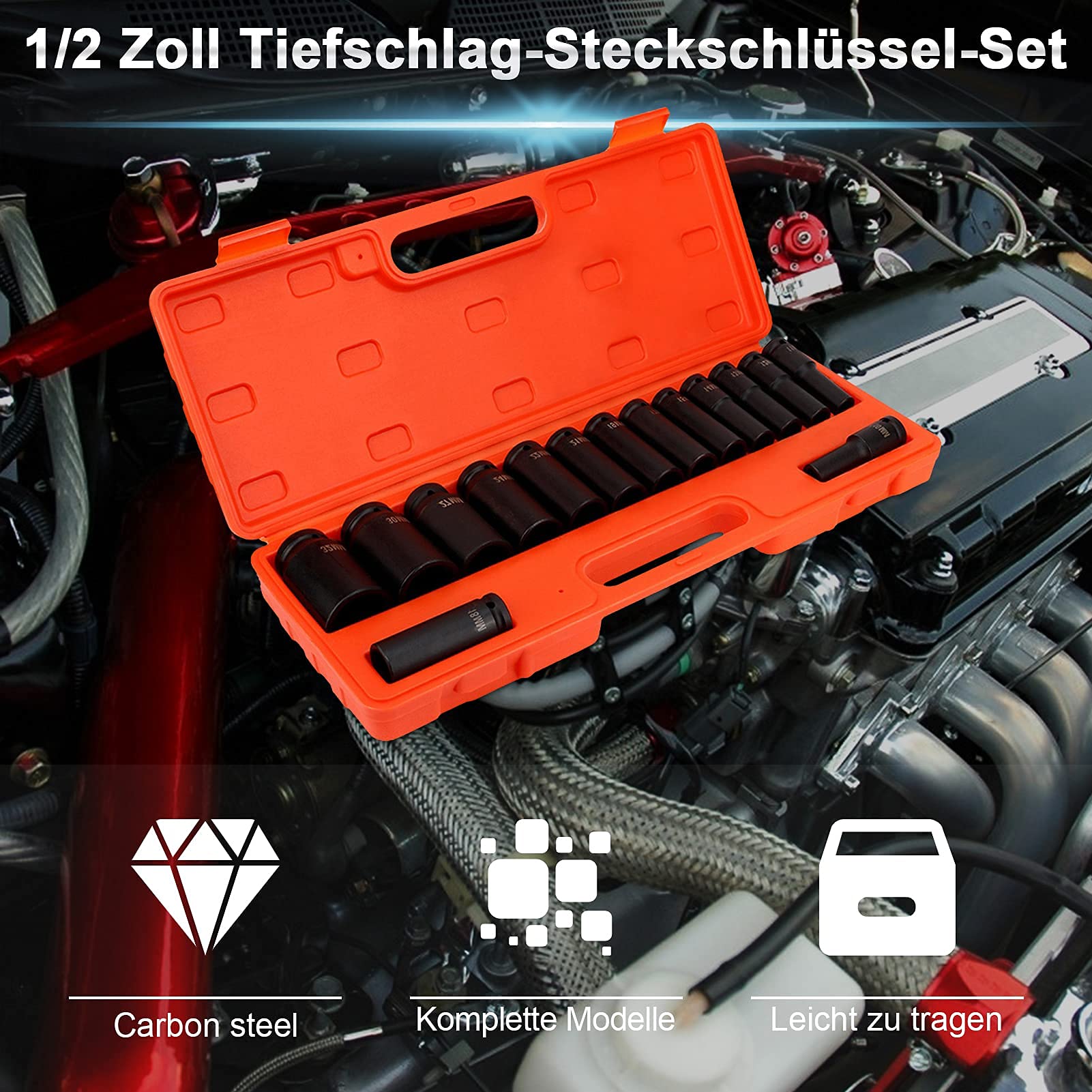 TOPTUL Set di Chiavi a Impulsi, 15 Pezzi, 1/2 Pollici, Bussole a Impatto Profondo in Acciaio al Carbonio 10-32 mm, con Coperchio in Plastica, per Officina