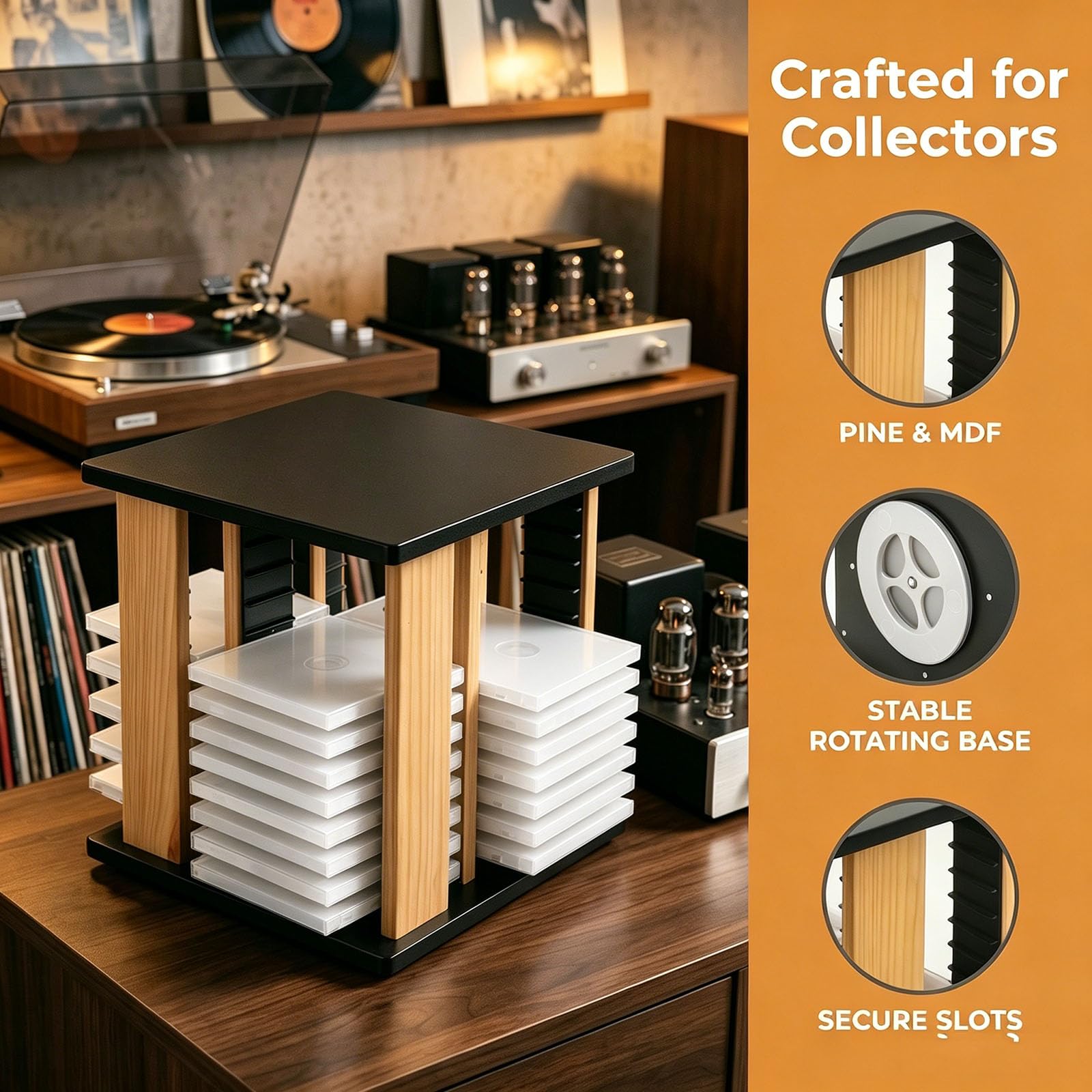 Porta CD Girevole Arisen - Porta Dischi Vintage per Dvd E Album Musicali, Elegante Ripiano Espositivo per La Collezione di CD E La Conservazione dei Dischi in Vinile.