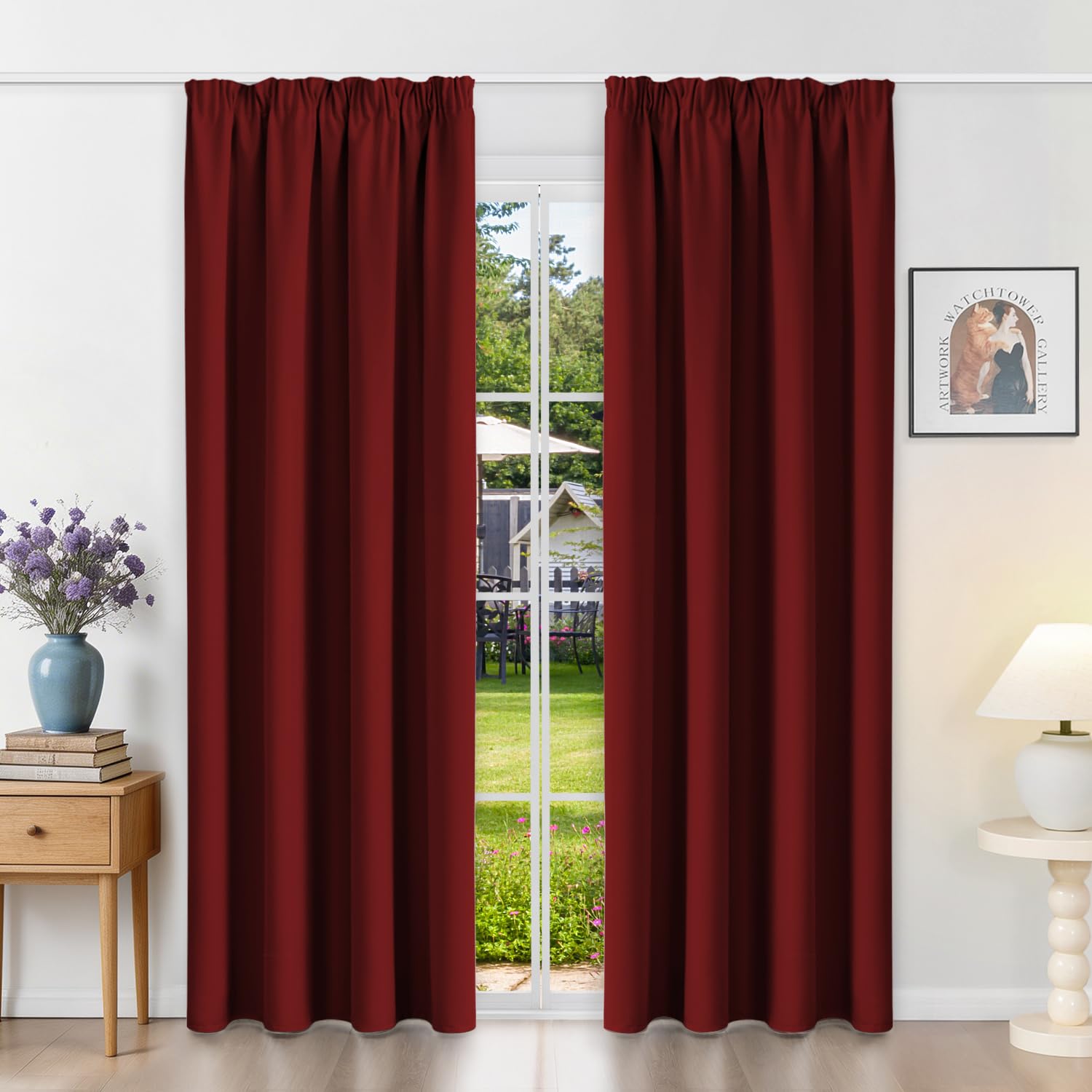 Runyéla Pencil Pleat Blackout Curtains for Bedroom Thermal Curtain 52 x 84 Inch Drop Living Room Kitchen 2 Panels Burgundy Red