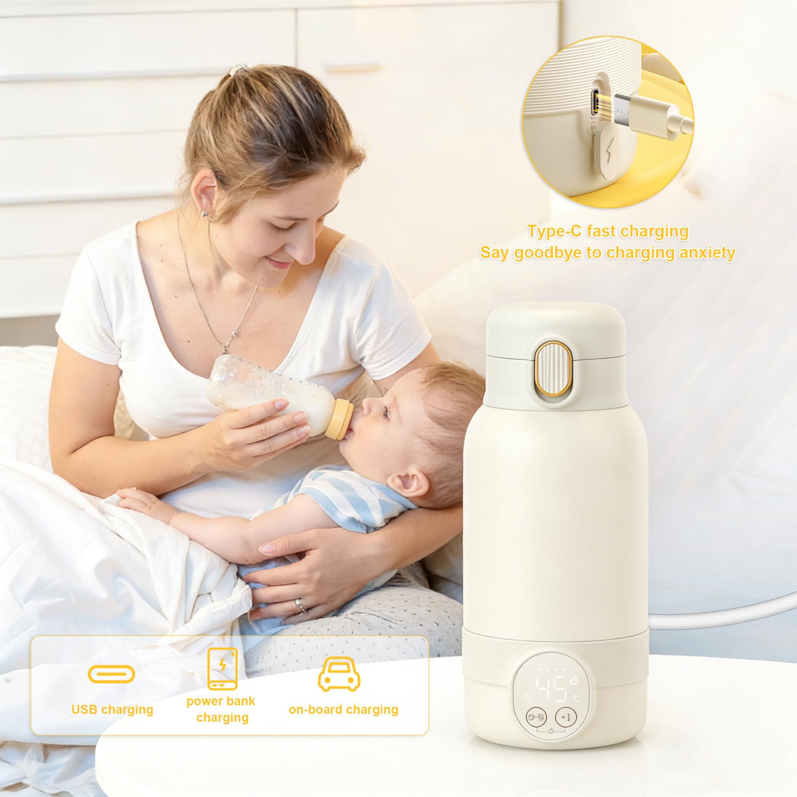 Scaldabraccia portatile, 500 ml, in acciaio inox 316 l, riscaldamento rapido 2 minuti, riscaldamento rapido per latte materno e acqua, controllo della temperatura 37 ~ 55 °C con display digitale
