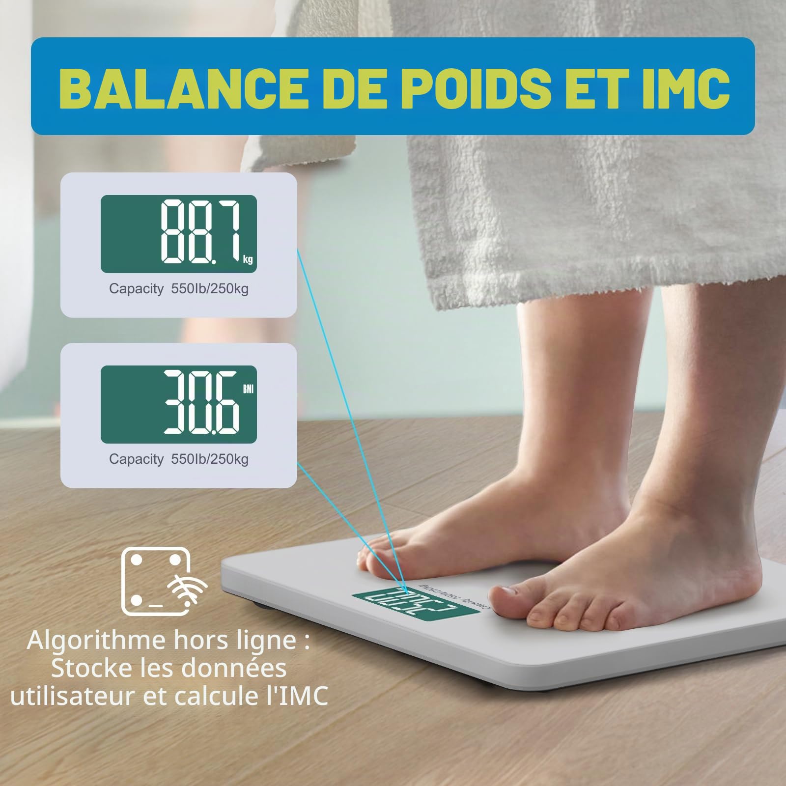 Lepulse S5 Pèse-personne numérique 250 kg avec poids et IMC, pèse-personne intelligent avec synchronisation de l'application via Bluetooth