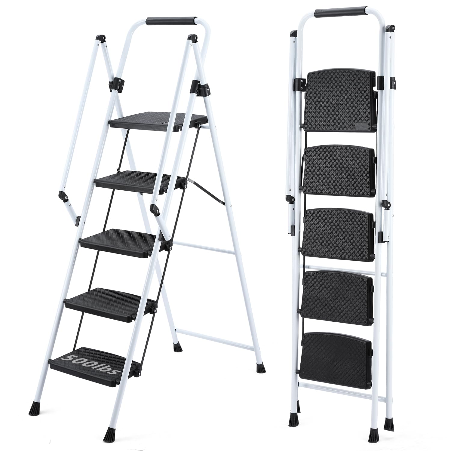 5 Step Ladder, Folding 5 Step Stool with Handrails, Sturdy Steel Ladder with Wide Pedal, Ladders for Home Kitchen Pantry Office, Lightweight Sturdy Steel Ladder for Adults Portable, White