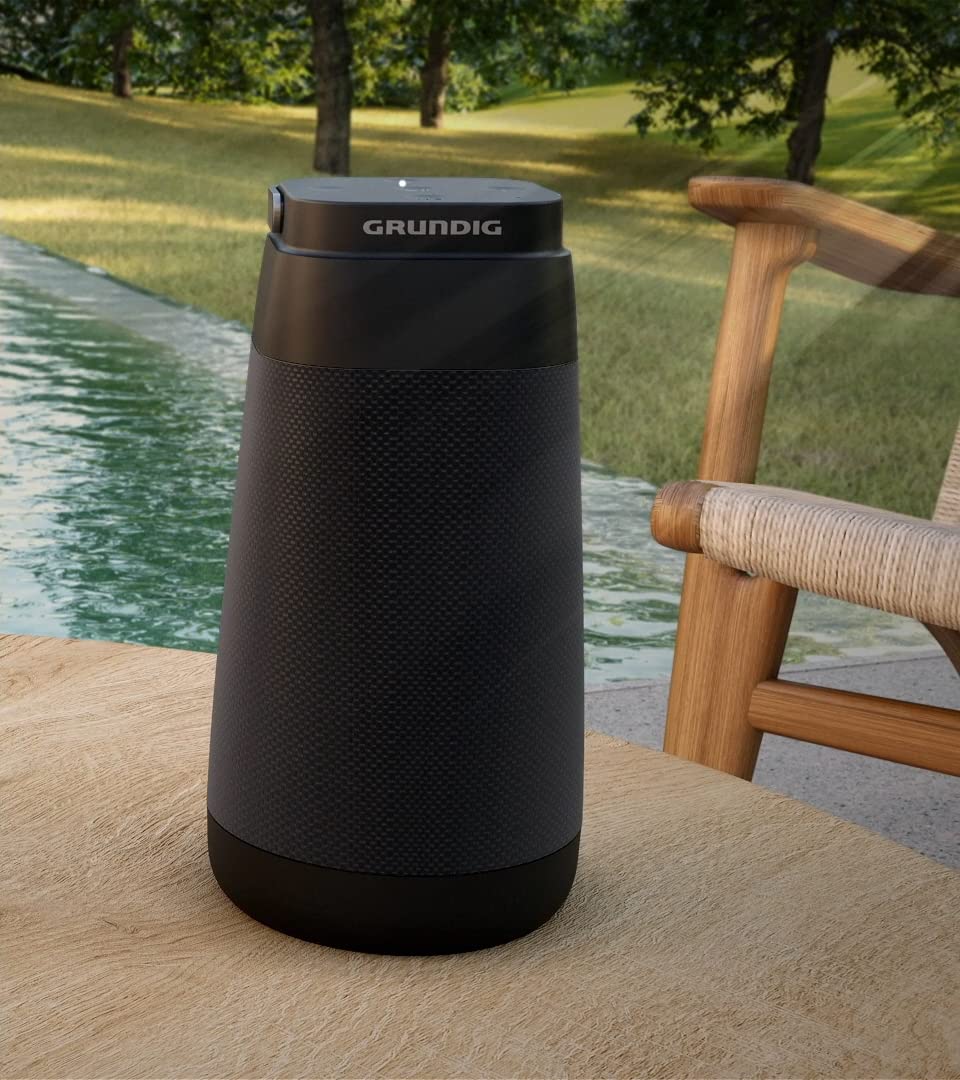GRUNDIG BT Speaker Connect 360 Enceinte Bluetooth, boîte à Musique, Son à 360°, portée jusqu'à 30 m, autonomie jusqu'à 20 Heures, indicateur de Batterie LED, Station de Charge, Microphone, Noir