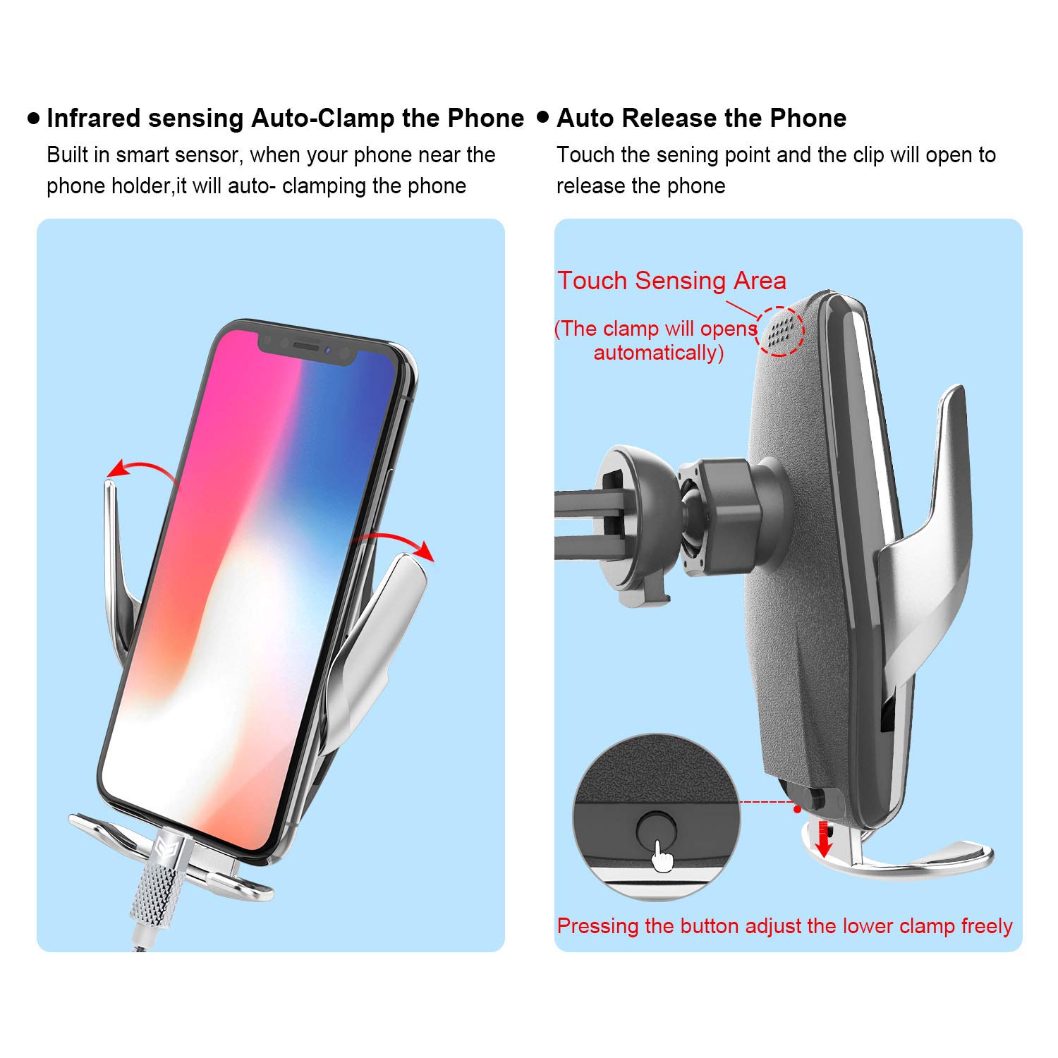 Supporto Caricabatteria Wireless per Auto con Bloccaggio Automatico, 2 in 1 Qi 15W/10W/7.5W Presa d'Aria/Cruscotto Supporto Telefono compatibile con iPhone 8P/X Samsung Galaxy S9+ (argento)