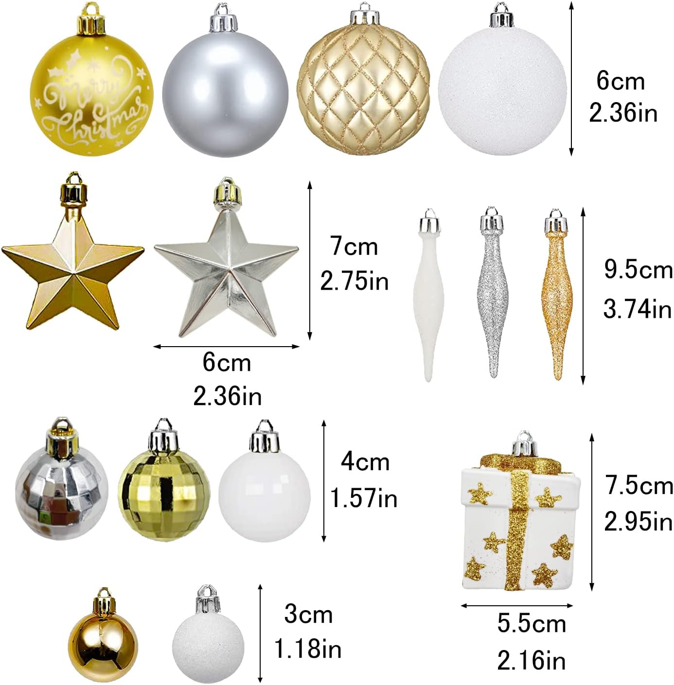 Christmas Assorted Ornaments Set, 58 ct Gold-Silver-White Stars Theme Xmas Tree Ball Ornament, Shatterproof Decorative Hanging Ornaments for Holidays Party Decoration Tree Ornament and Events - Image 8